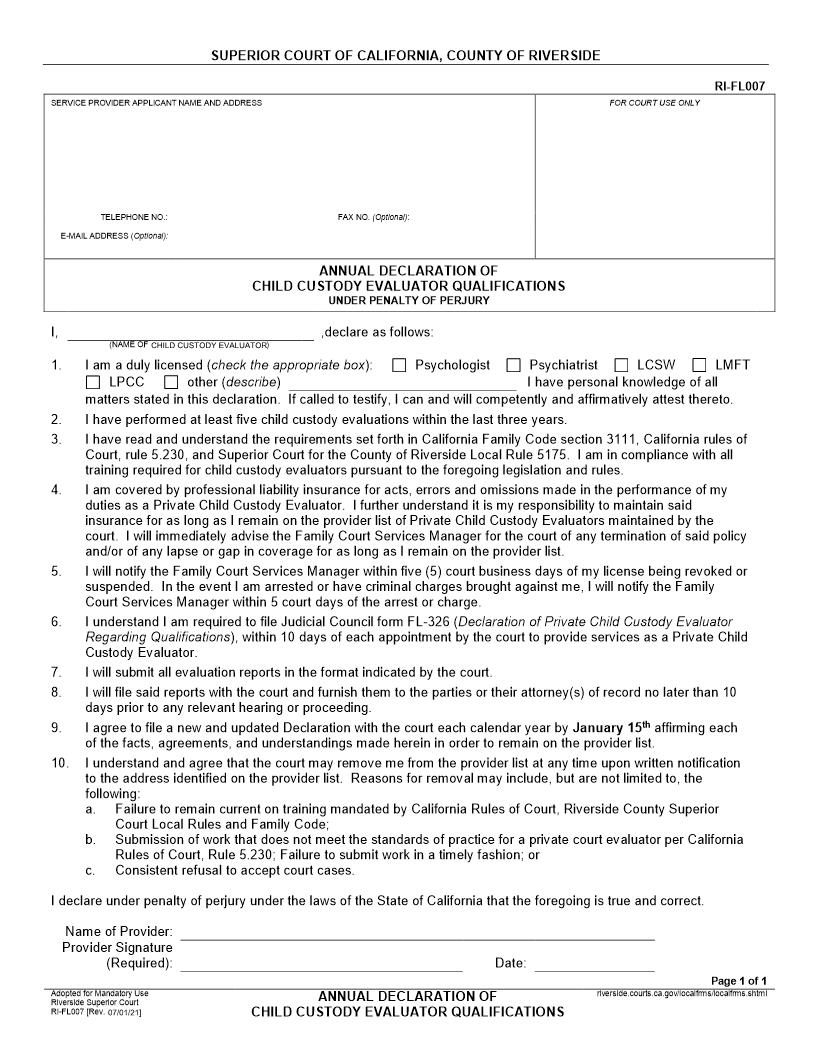 Annual Declaration Of Child Custody Evaluator Qualifications {RI-FL007} | Pdf Fpdf Doc Docx | California