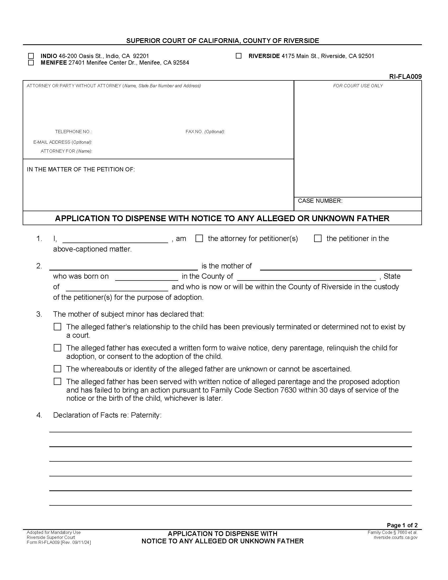 Application To Dispense With Notice Of Alleged Father {RI-FLA009} | Pdf Fpdf Doc Docx | California