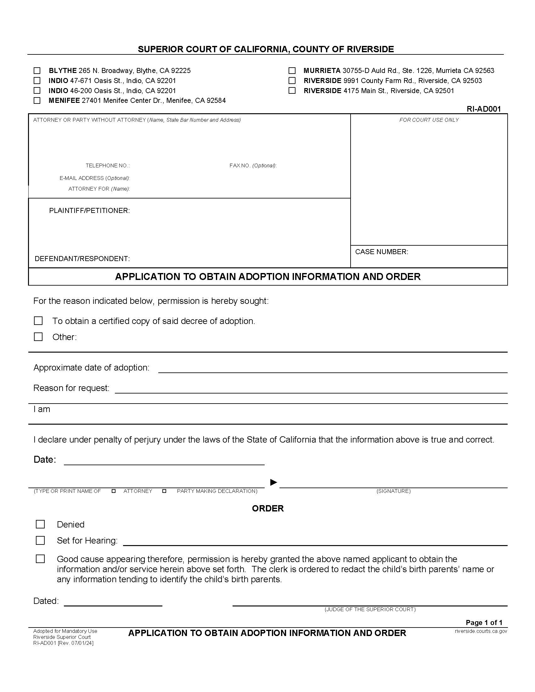 Application To Obtain Adoption Information And Order {RI-AD001} | Pdf Fpdf Doc Docx | California