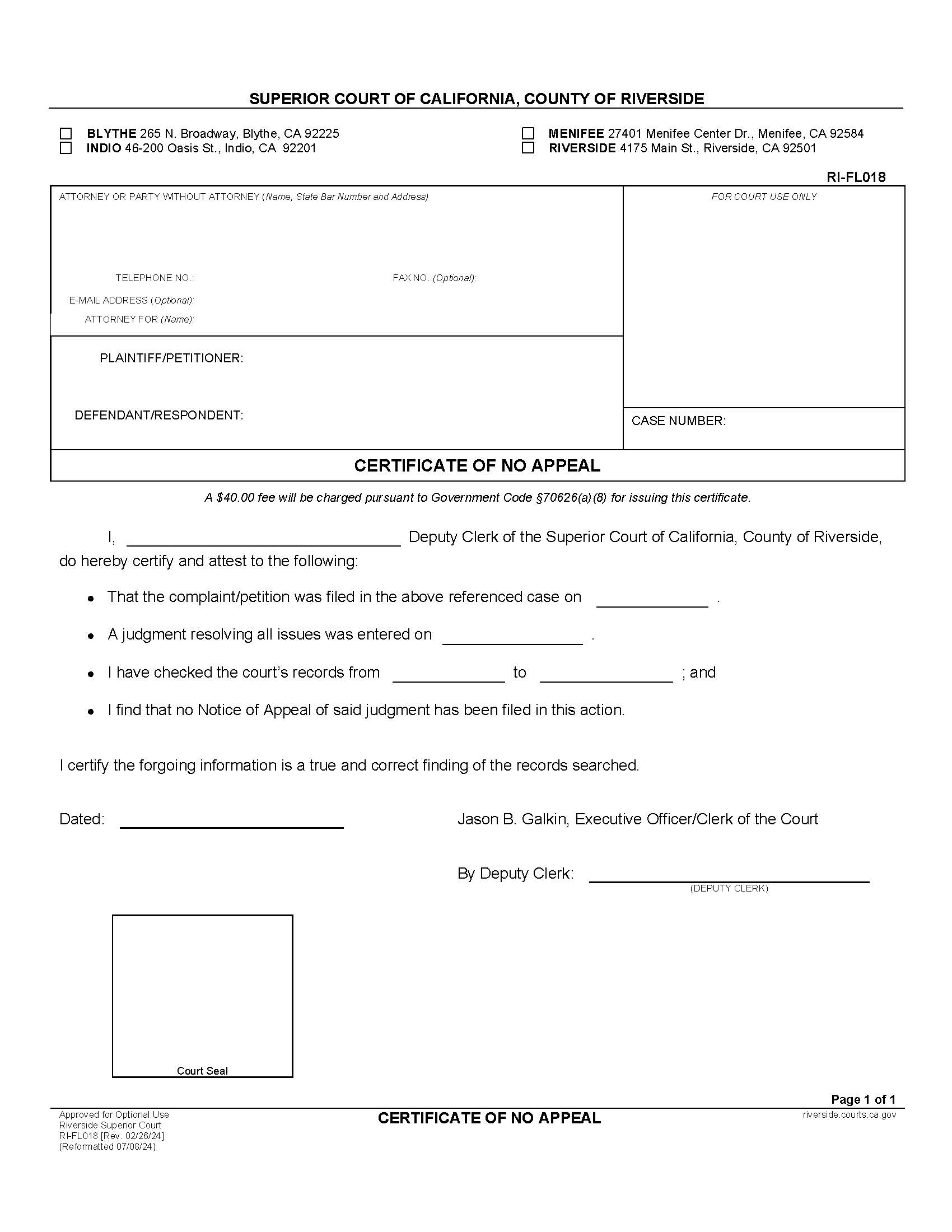 Certificate Of No Appeal {RI-FL018} | Pdf Fpdf Doc Docx | California