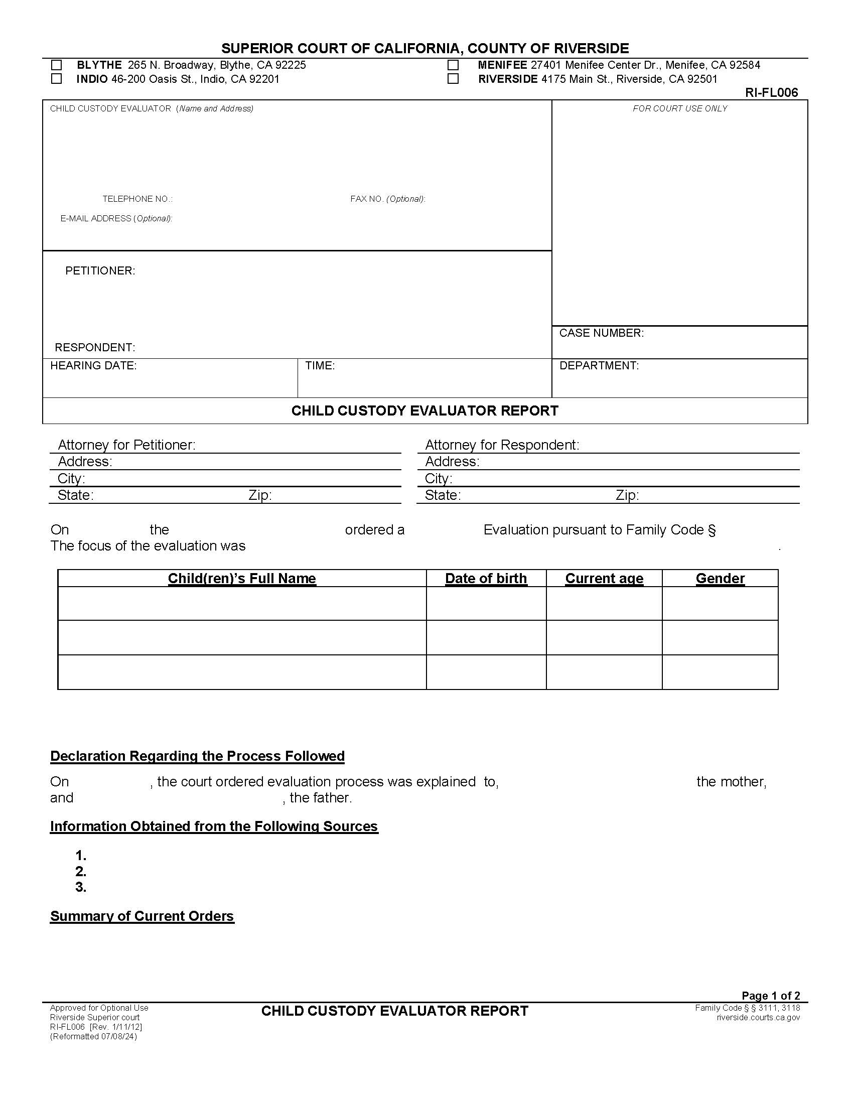 Child Custody Evaluator Report {RI-FL006} | Pdf Fpdf Doc Docx | California