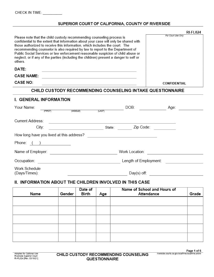 Child Custody Recommending Counseling Questionnaire {RI-FL024} | Pdf Fpdf Docx | California