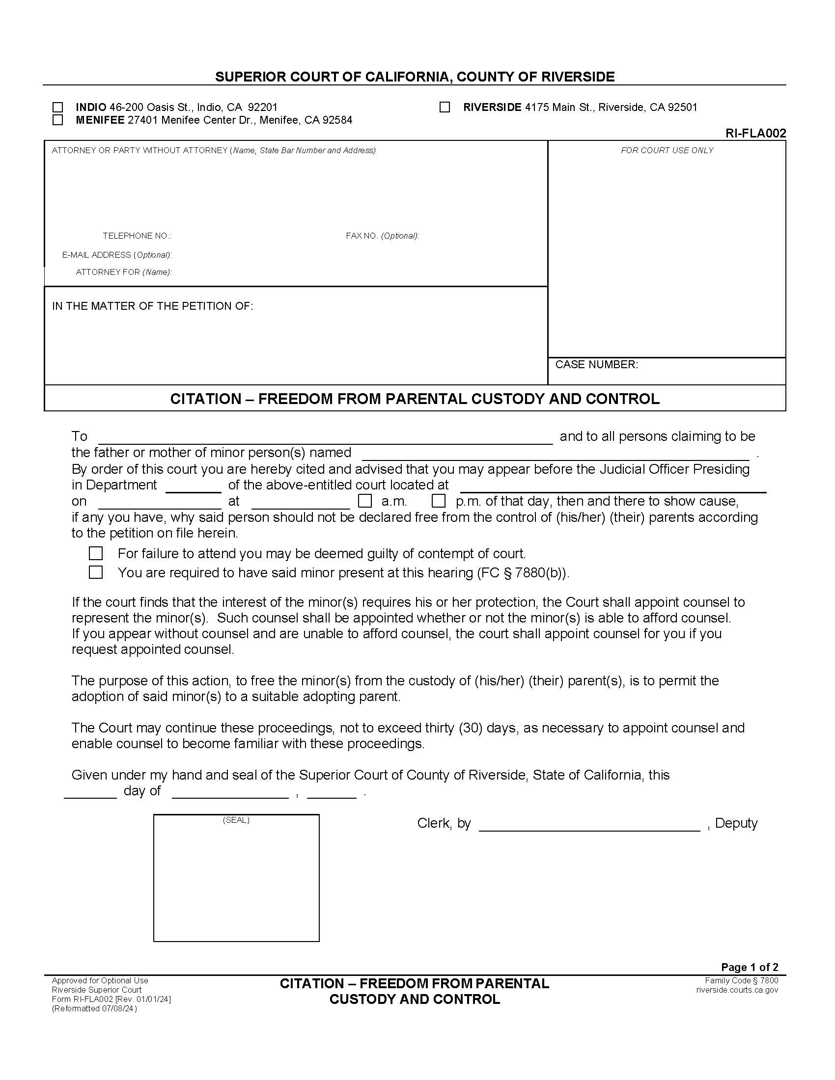 Citation Freedom From Parental Custody And Control {RI-FLA002} | Pdf Fpdf Doc Docx | California