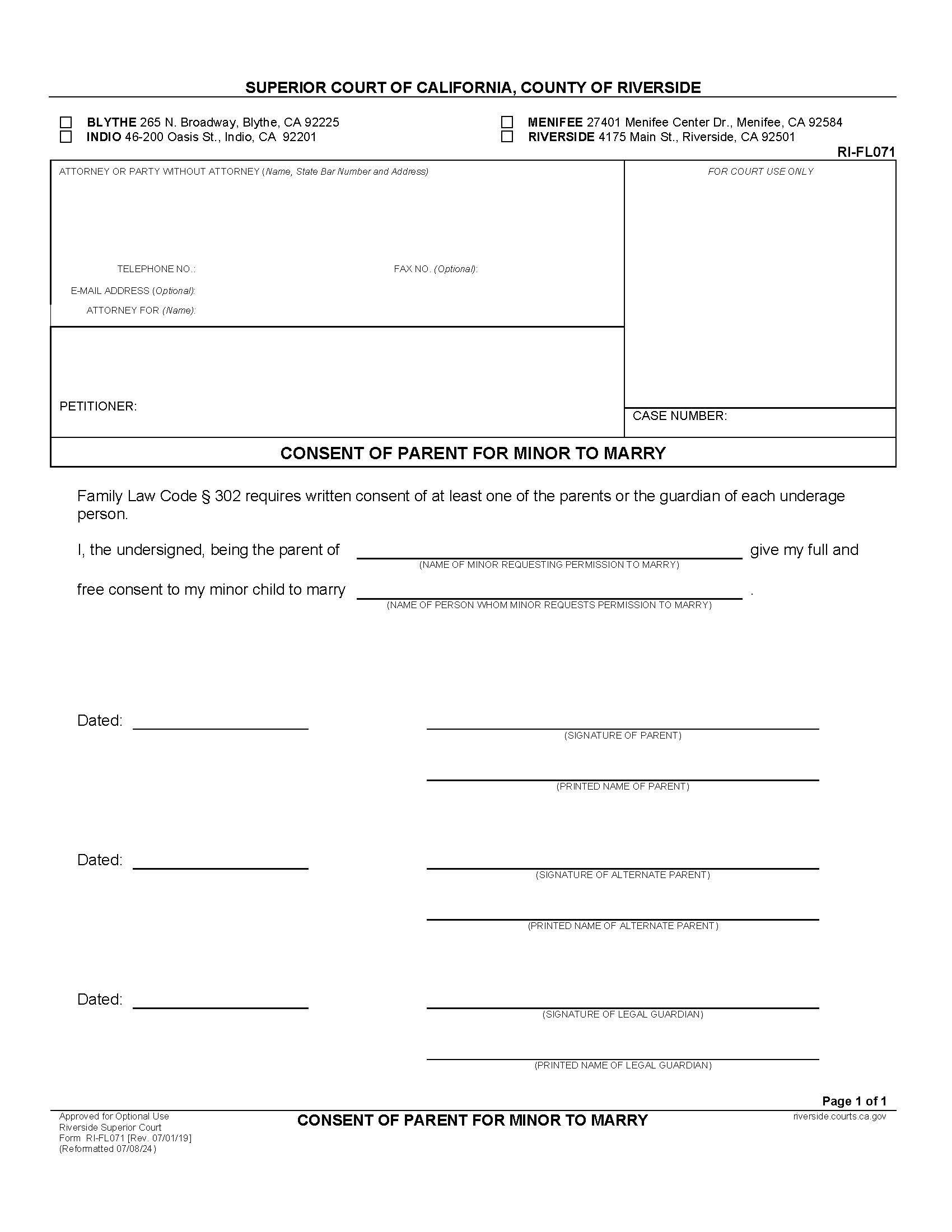 Consent Of Parent For Minor To Marry {RI-FL071} | Pdf Fpdf Docx | California