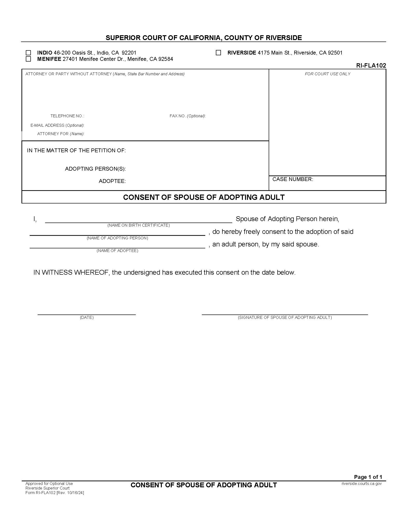 Consent Of Spouse Of Adopting Adult {RI-FLA102} | Pdf Fpdf Doc Docx | California