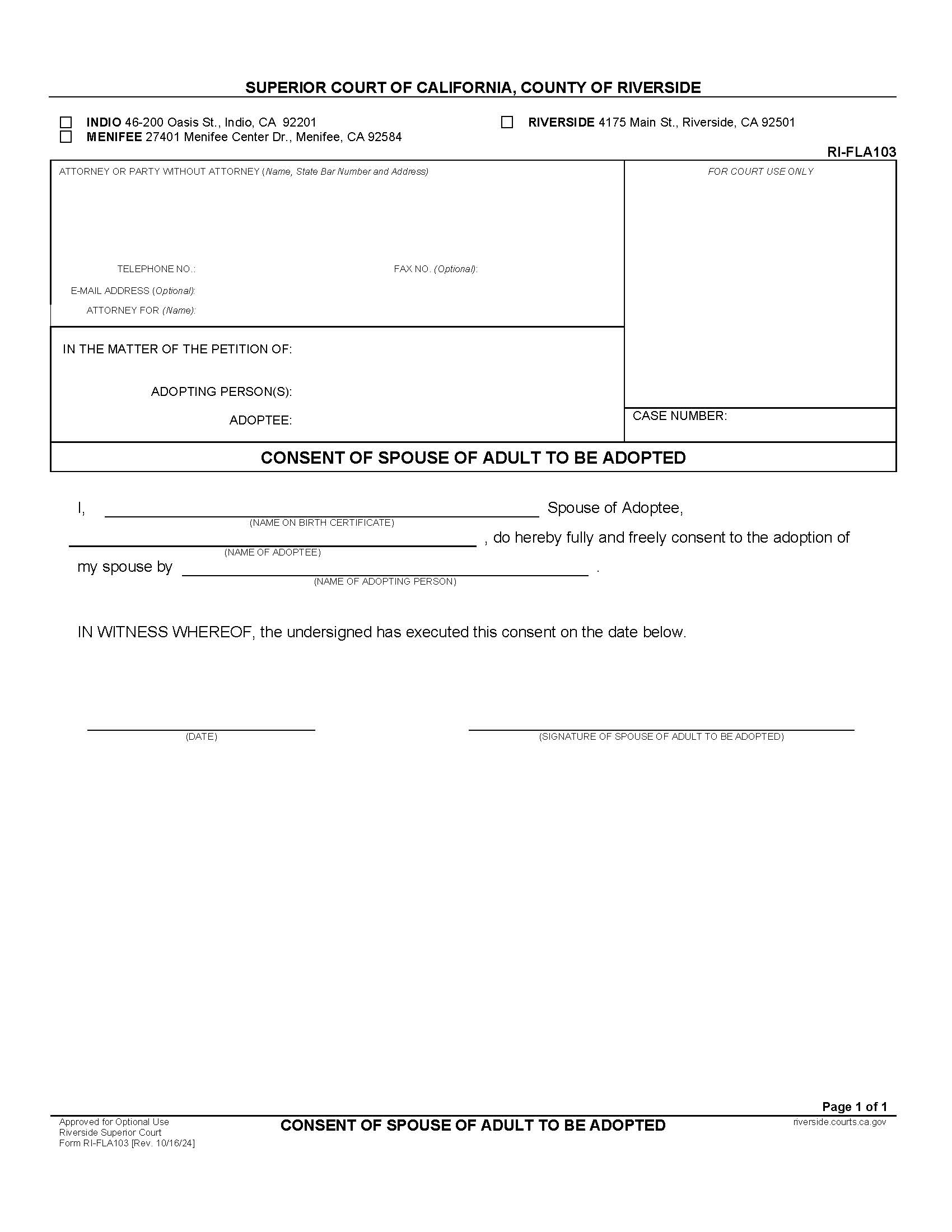 Consent Of Spouse Of Adult To Be Adopted {RI-FLA103} | Pdf Fpdf Doc Docx | California