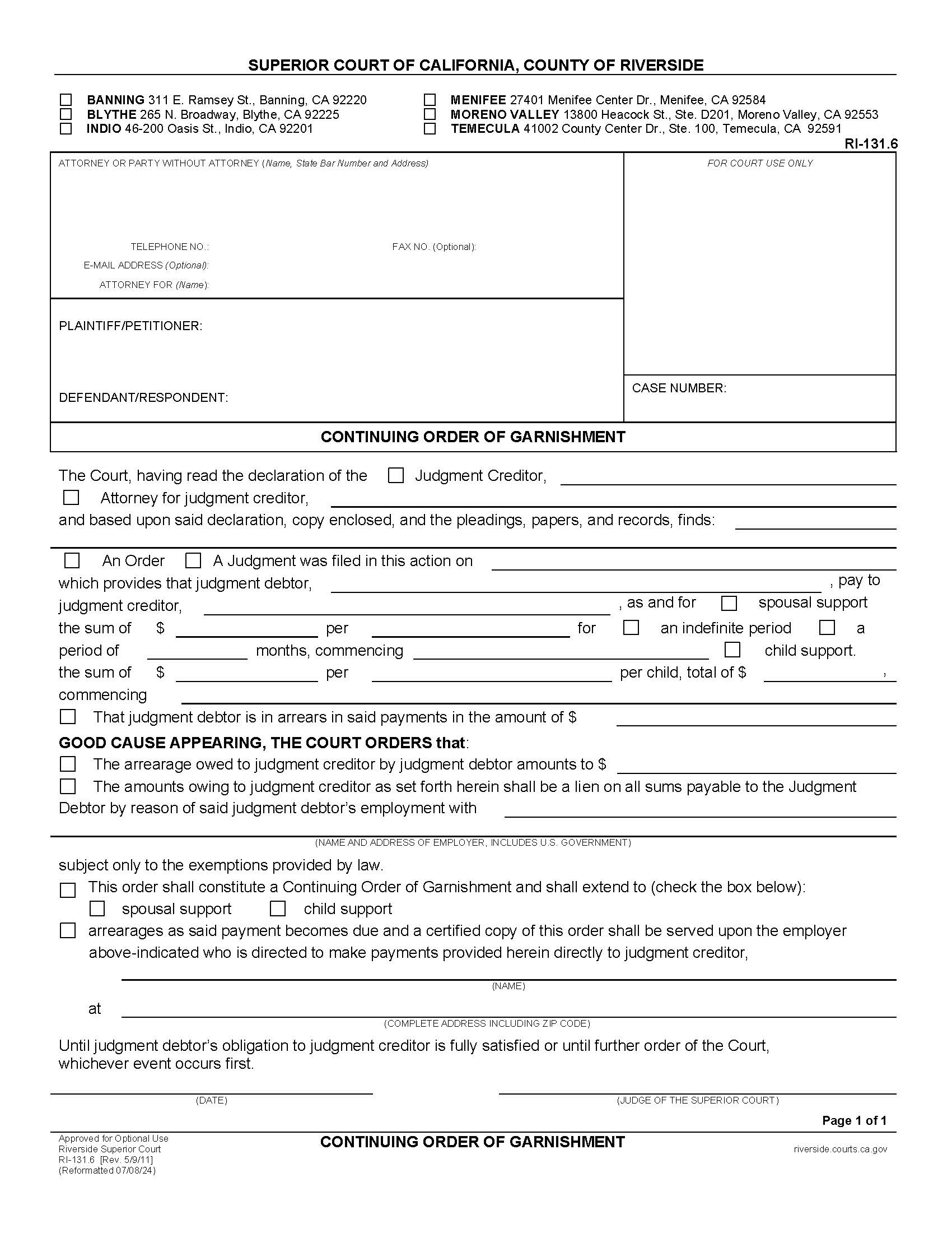 Continuing Order Of Garnishment {RI-131.6} | Pdf Fpdf Doc Docx | California