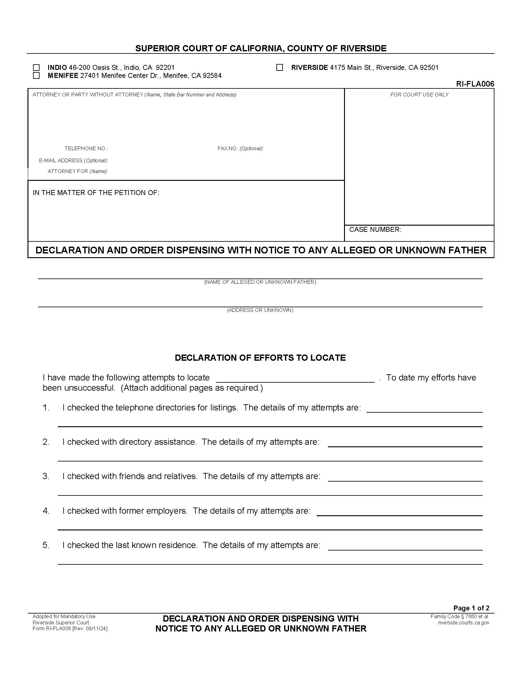 Declaration And Order Dispensing With Notice To Alleged Natural Father {RI-FLA006} | Pdf Fpdf Doc Docx | California