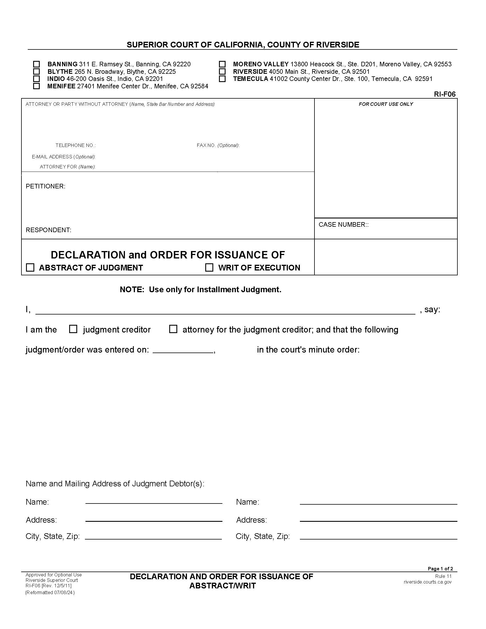 Declaration And Order For Issuance Of Abstract Writ {RI-F06} | Pdf Fpdf Doc Docx | California