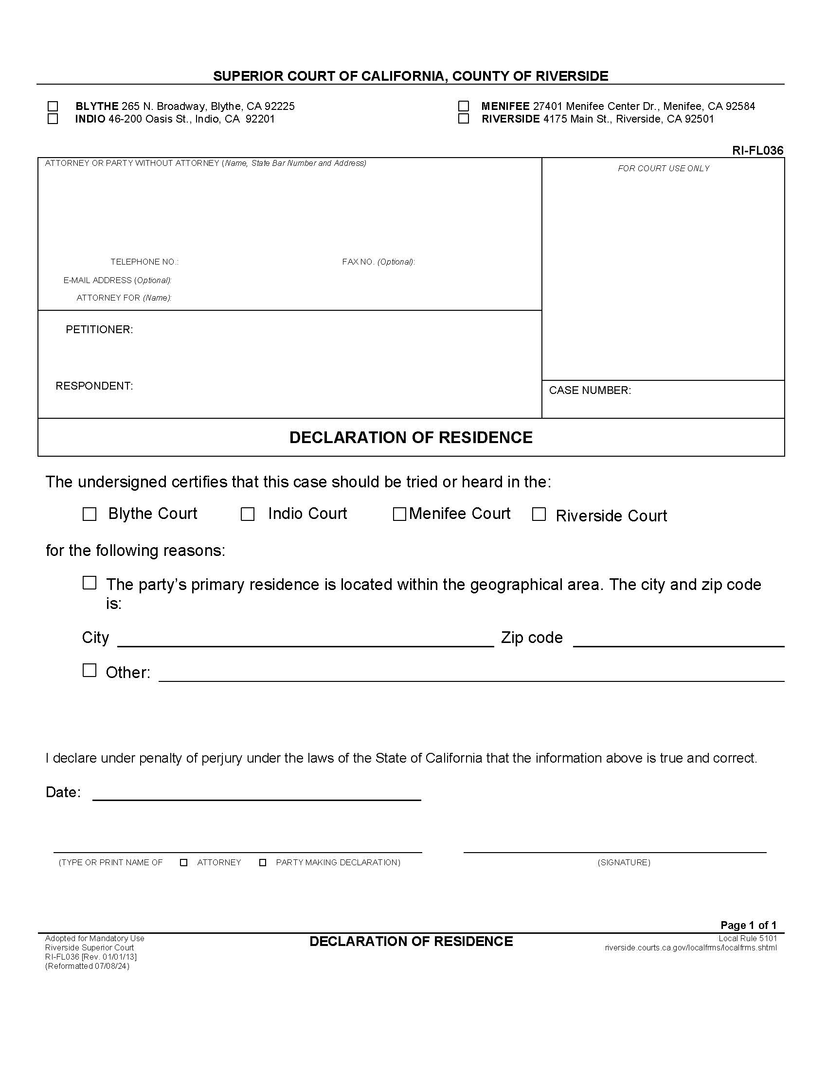 Declaration Of Residence {RI-FL036} | Pdf Fpdf Doc Docx | California