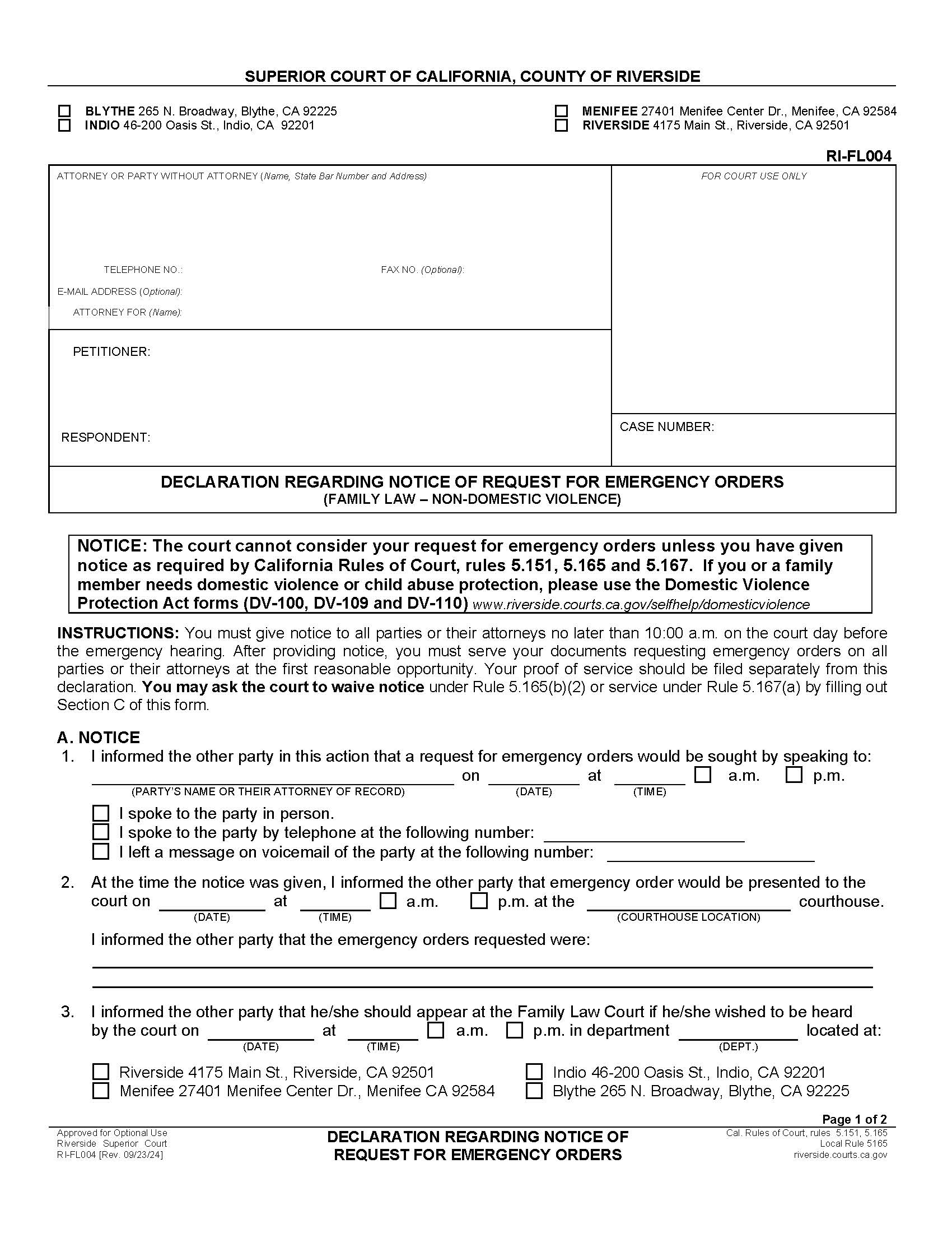 Declaration Regarding Notice Of Ex Parte Application (Family Law) {RI-FL004} | Pdf Fpdf Doc Docx | California