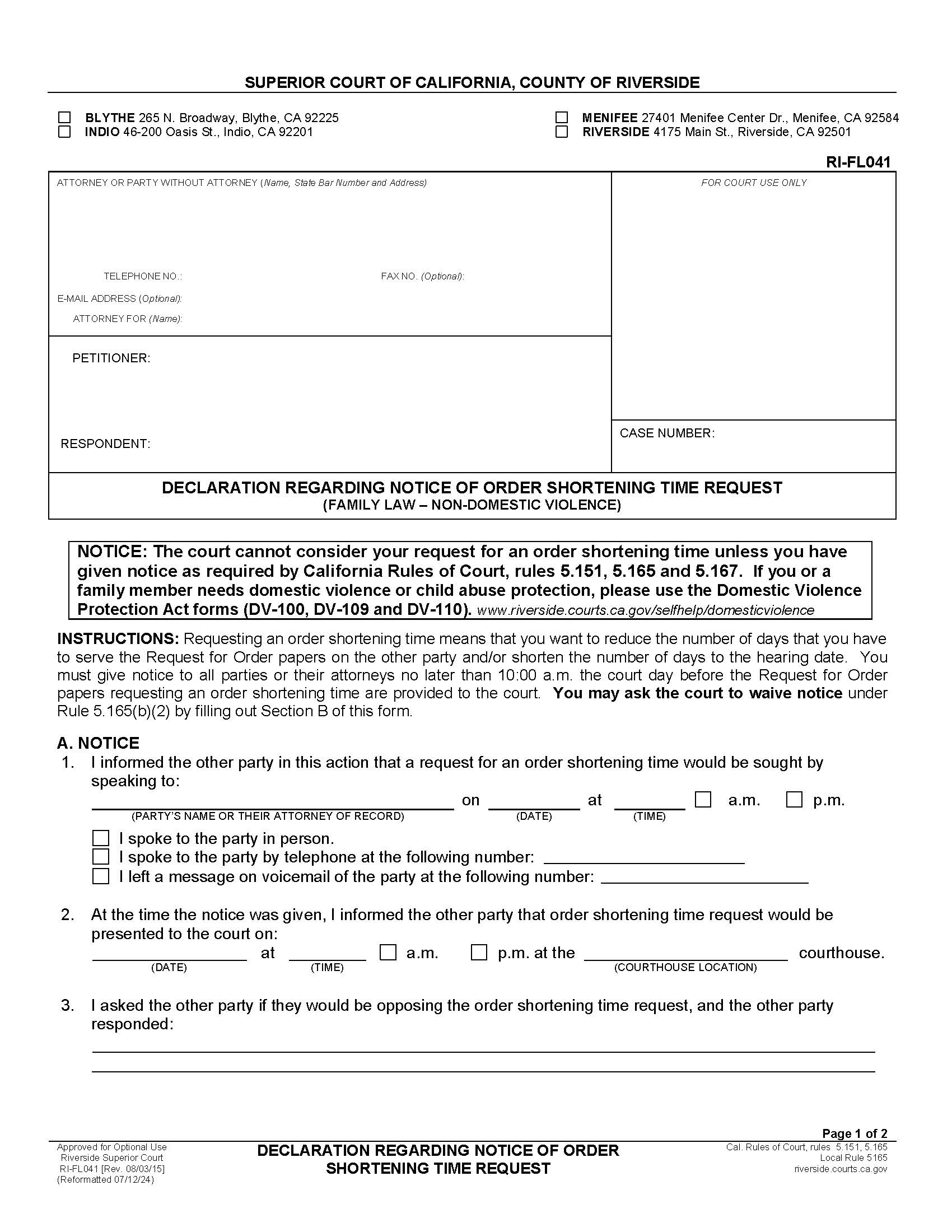 Declaration Regarding Notice Of Order Shortening Time Request {RI-FL041} | Pdf Fpdf Doc Docx | California