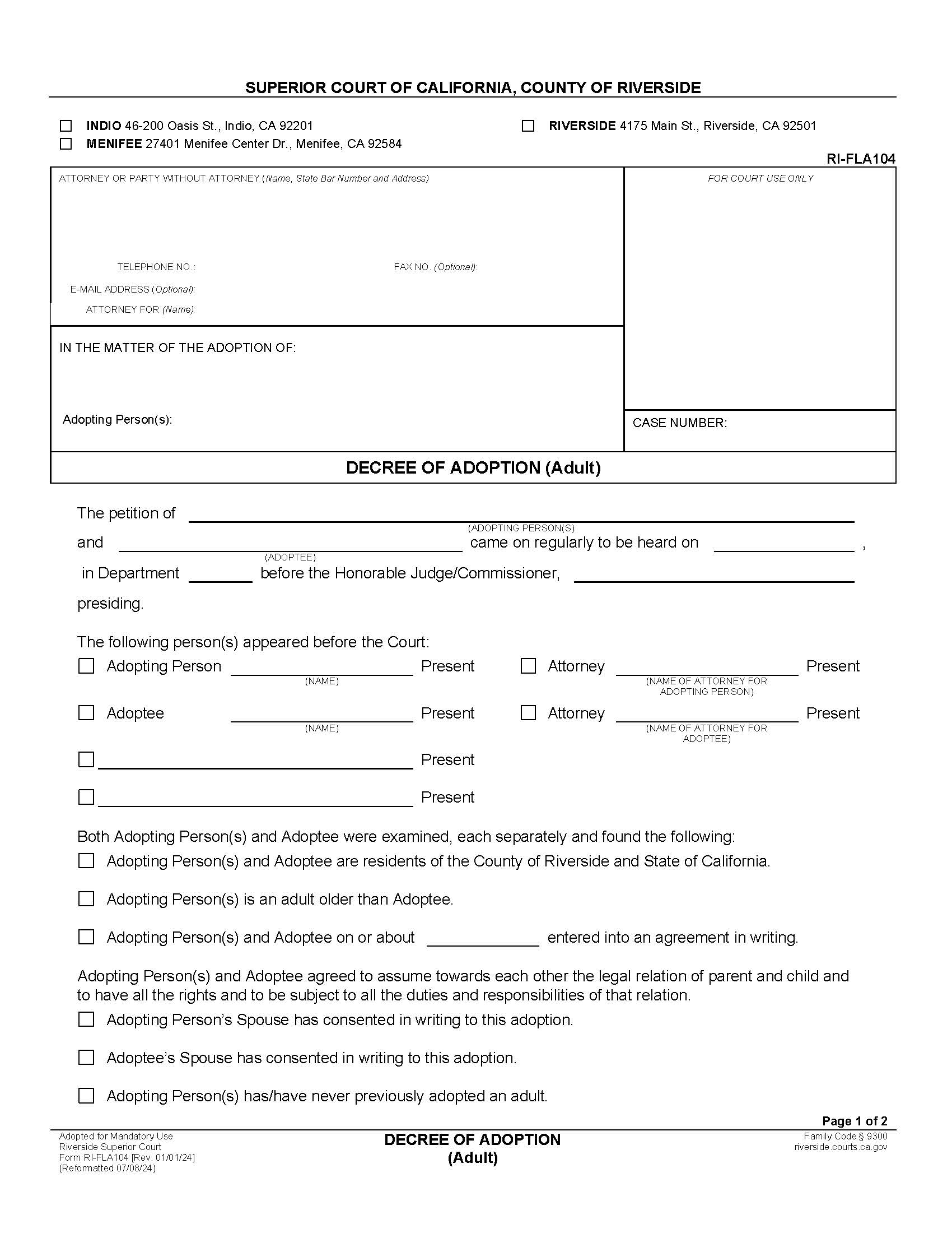 Decree Of Adoption (Adult) {RI-FLA104} | Pdf Fpdf Doc Docx | California