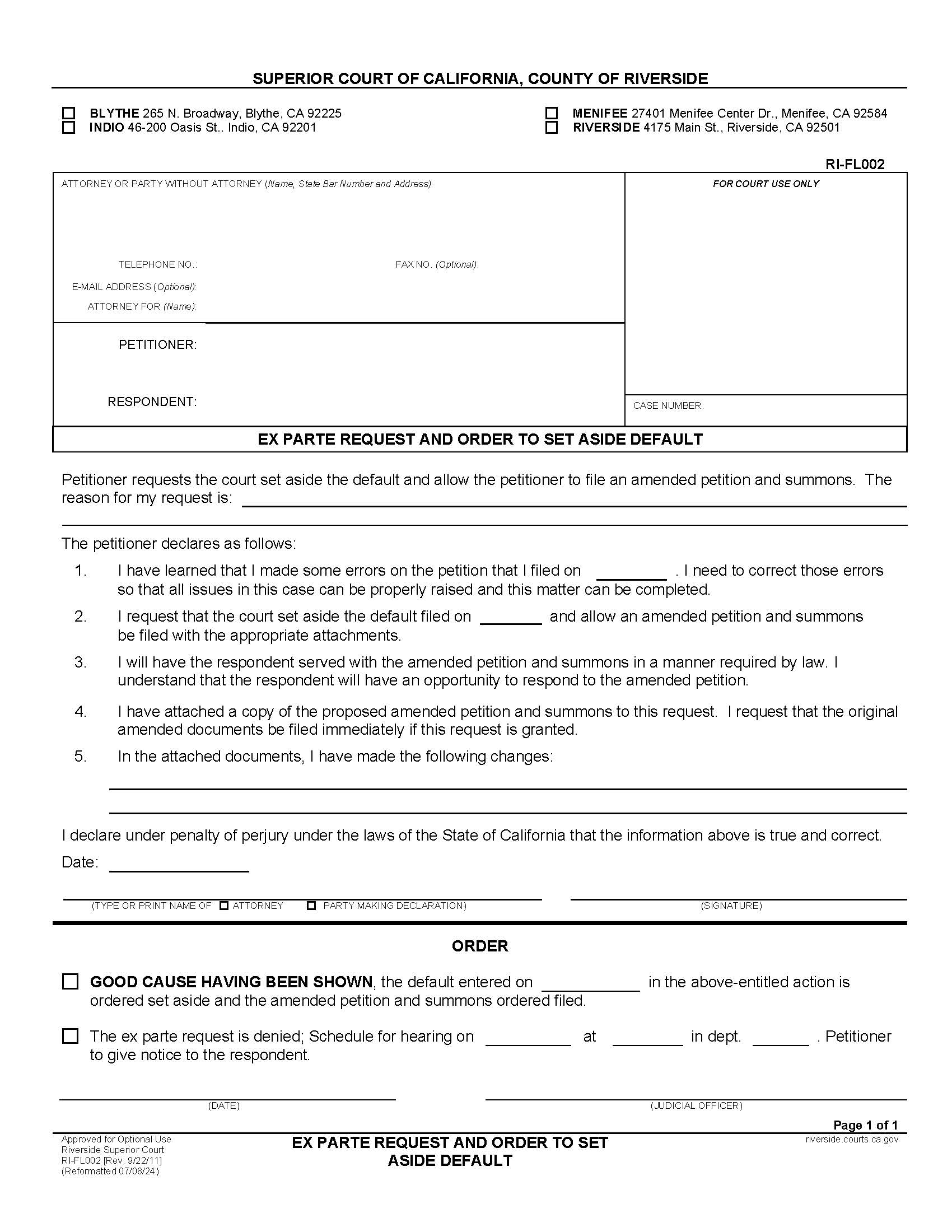Ex Parte Request And Order To Set Aside Default {RI-FL002} | Pdf Fpdf Doc Docx | California