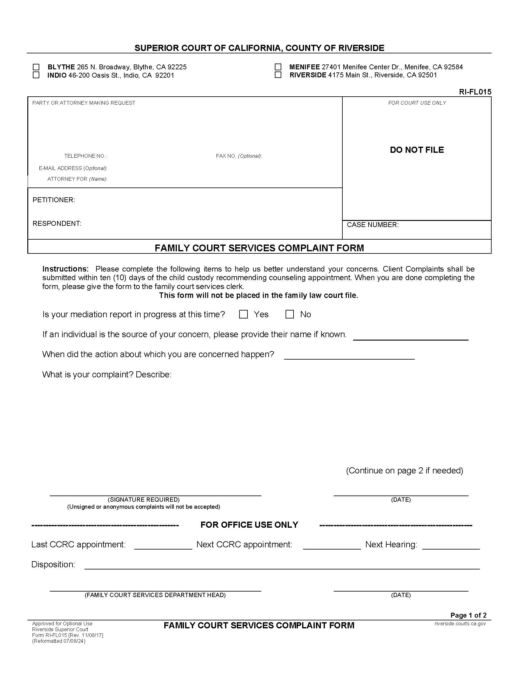 Family Court Services Client Complaint-Request For Change {RI-FL015} | Pdf Fpdf Docx | California