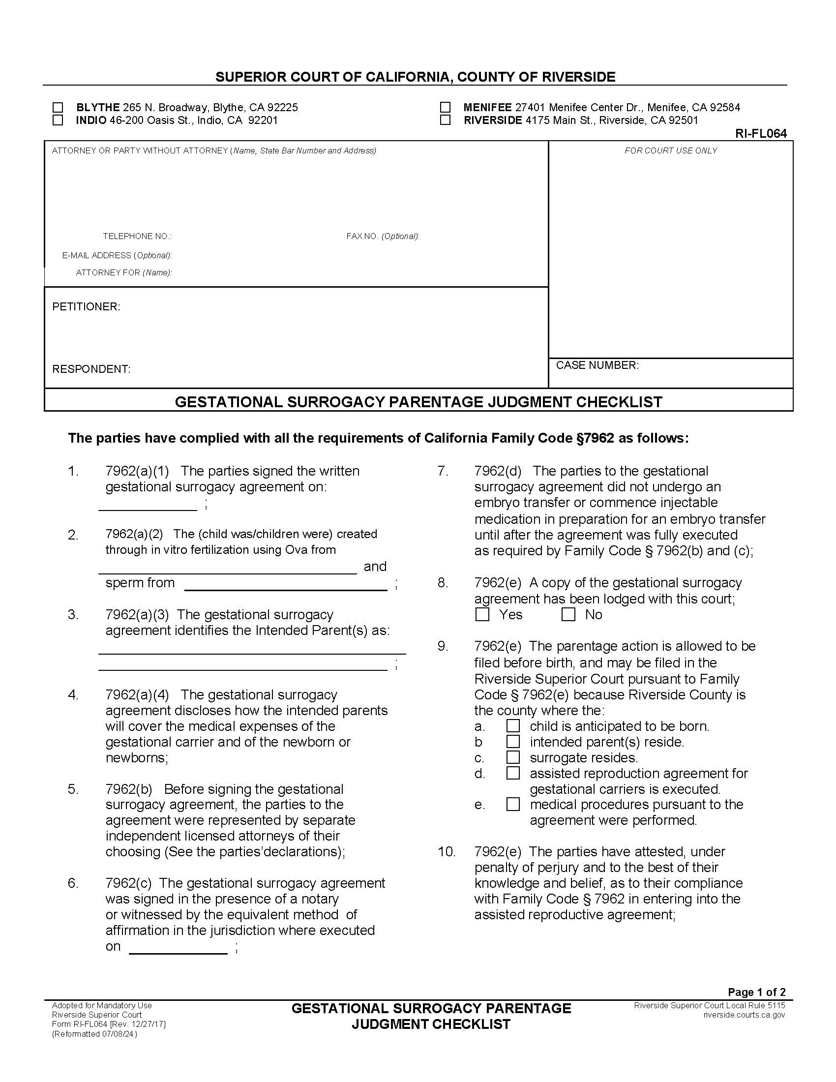 Gestational Surrogacy Parentage Judgment Checklist {RI-FL064} | Pdf Fpdf Docx | California