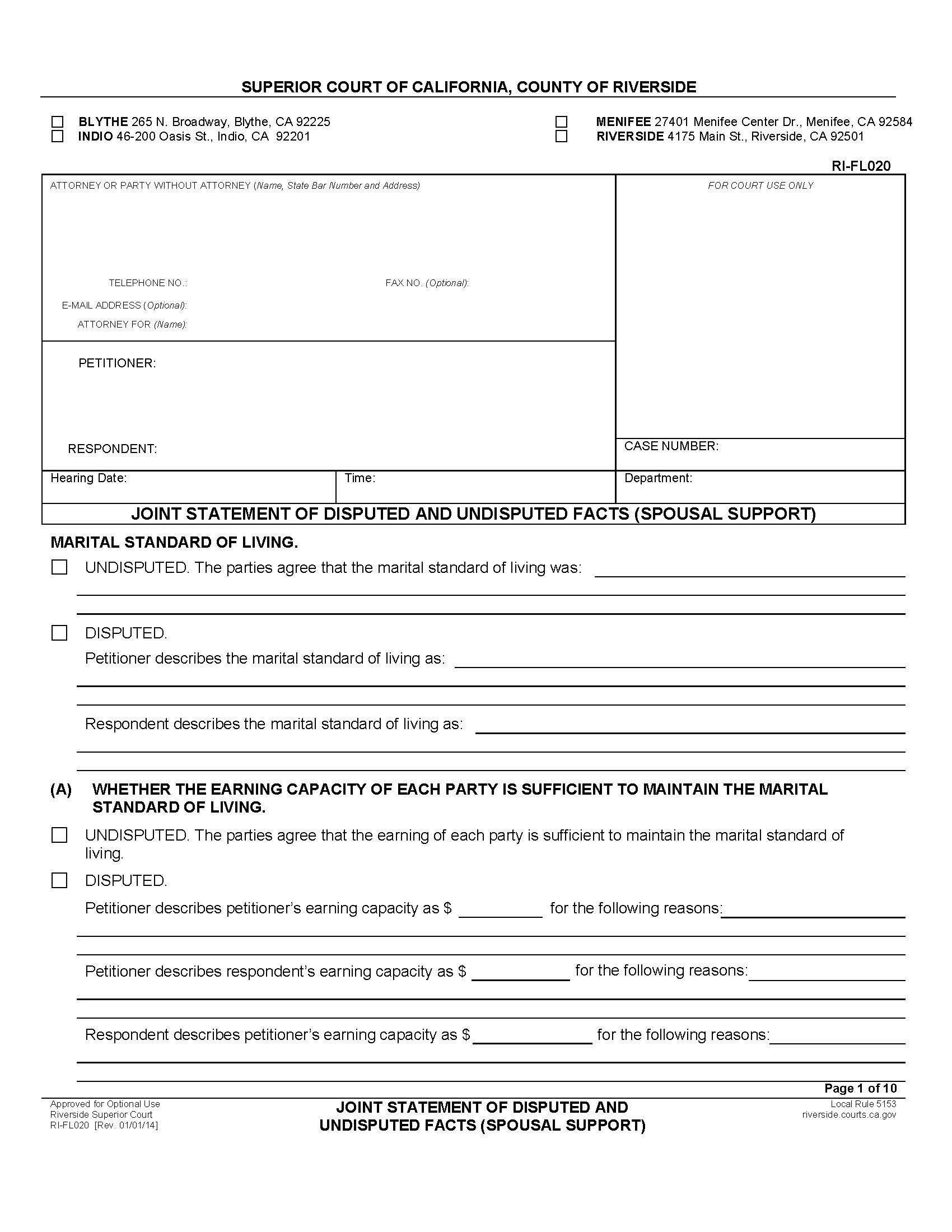 Joint Statement Of Disputed And Undisputed Facts (Spousal Support) {RI-FL020} | Pdf Fpdf Doc Docx | California
