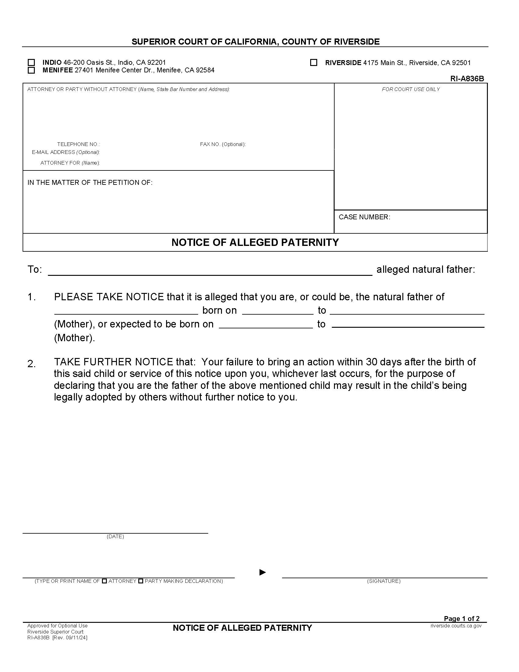 Notice Of Alleged Paternity {RI-A836B} | Pdf Fpdf Doc Docx | California