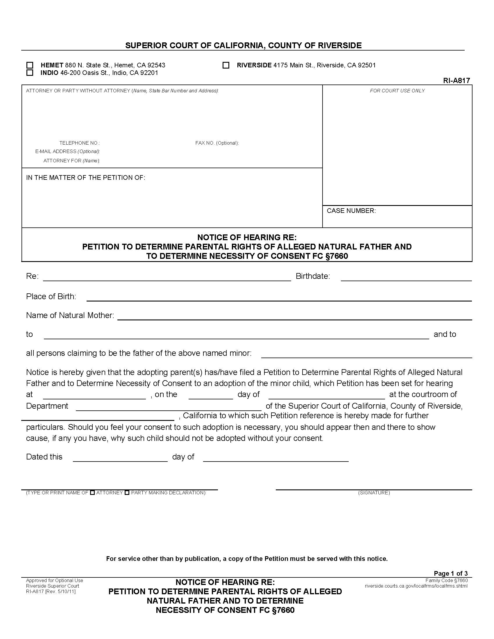 Notice Of Hearing Re Petition To Determine Parental Right Of Alleged Natural Father {RI-A817} | Pdf Fpdf Doc Docx | California