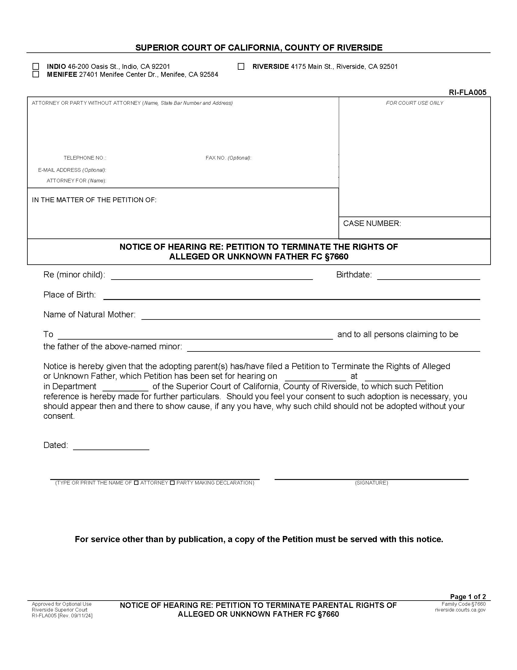 Notice Of Hearing To Determine Parental Rights {RI-FLA005} | Pdf Fpdf Doc Docx | California