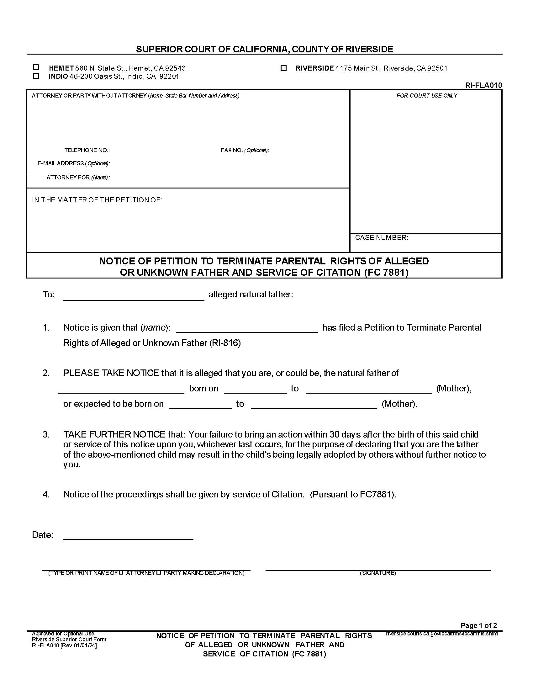 Notice Of Petition To Terminate Parental Rights Of Alleged Or Unknown Father {RI-FLA010} | Pdf Fpdf Docx | California