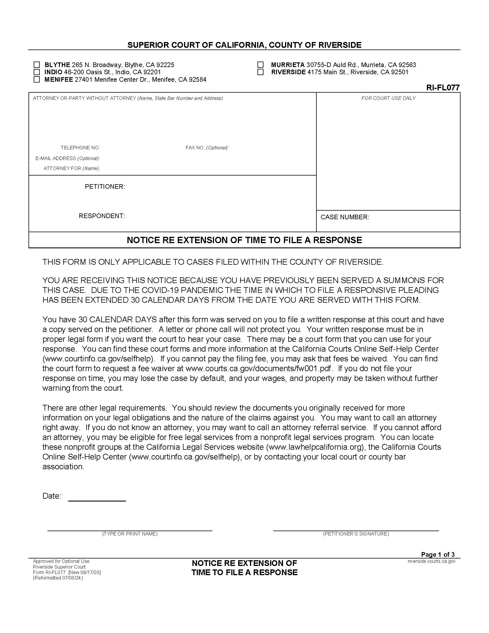 Notice Re Extension Of Time To File A Response {RI-FL077} | Pdf Fpdf Docx | California