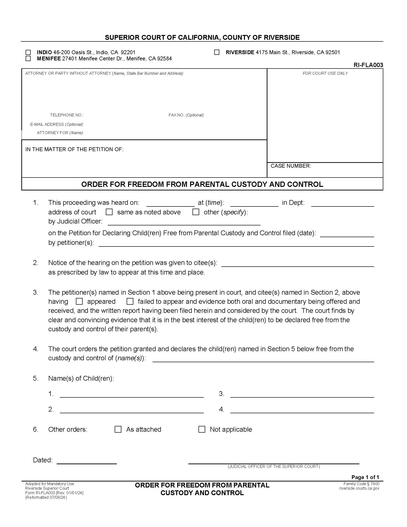 Order For Freedom From Parental Custody And Control {RI-FLA003} | Pdf Fpdf Doc Docx | California