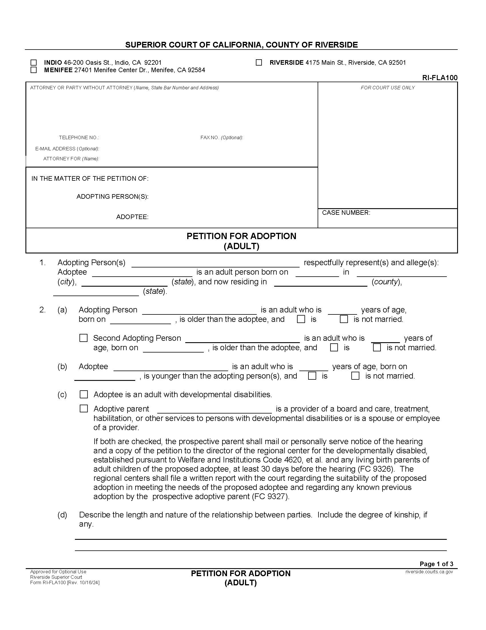 Petition For Adoption (Adult) {RI-FLA100} | Pdf Fpdf Doc Docx | California