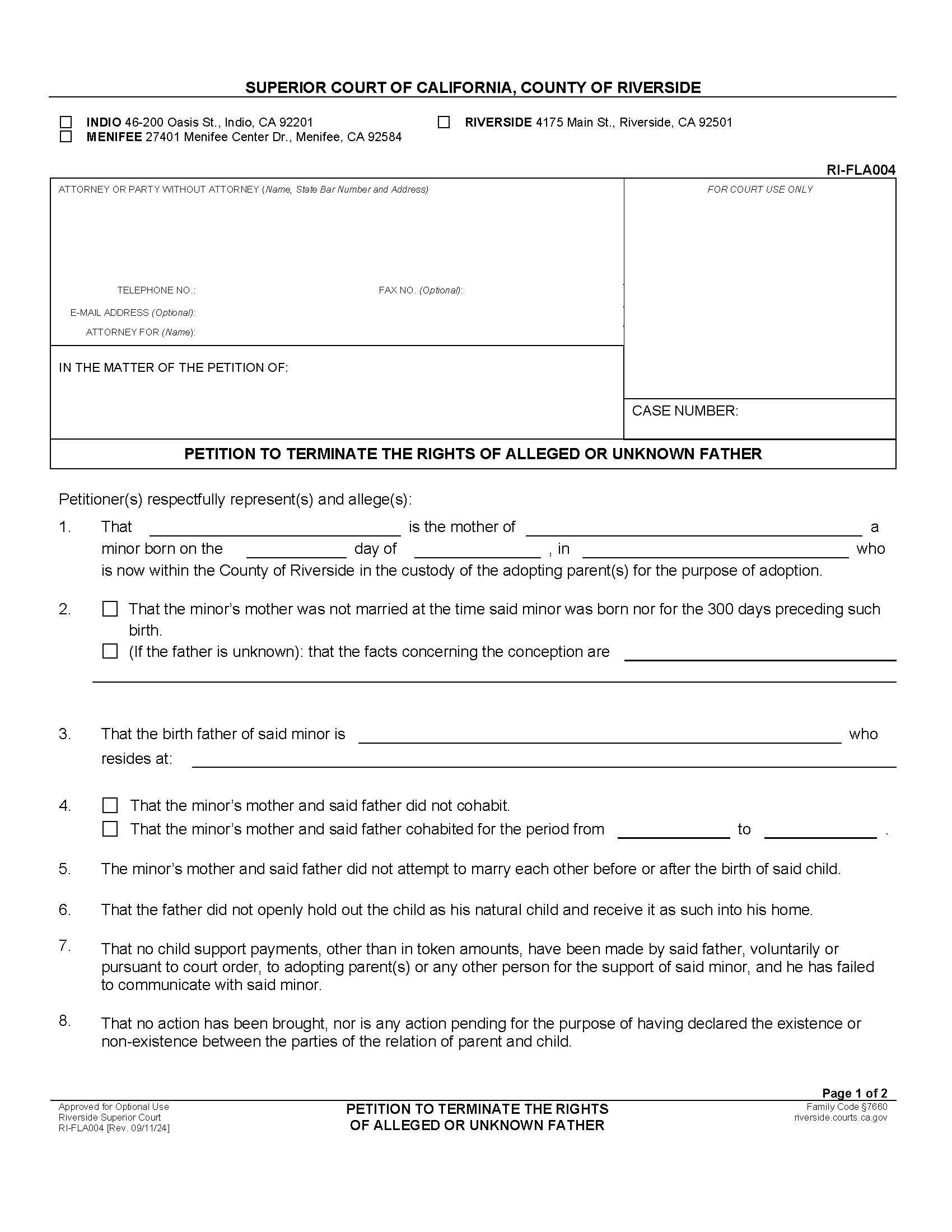 Petition To Terminate The Rights Of Alleged Or Unknown Father {RI-FLA004} | Pdf Fpdf Docx | California