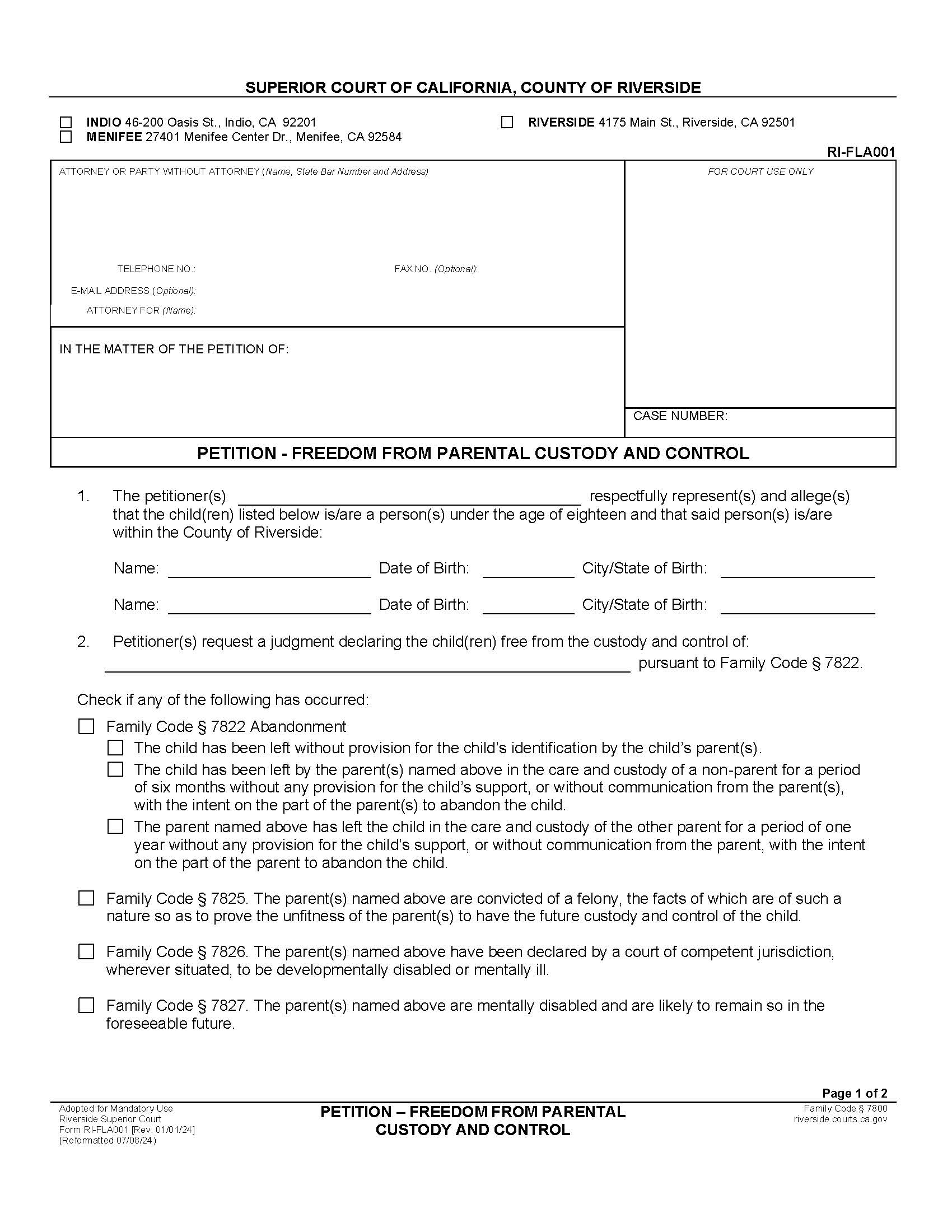 Petition-Freedom From Parental Custody And Control {RI-FLA001} | Pdf Fpdf Doc Docx | California