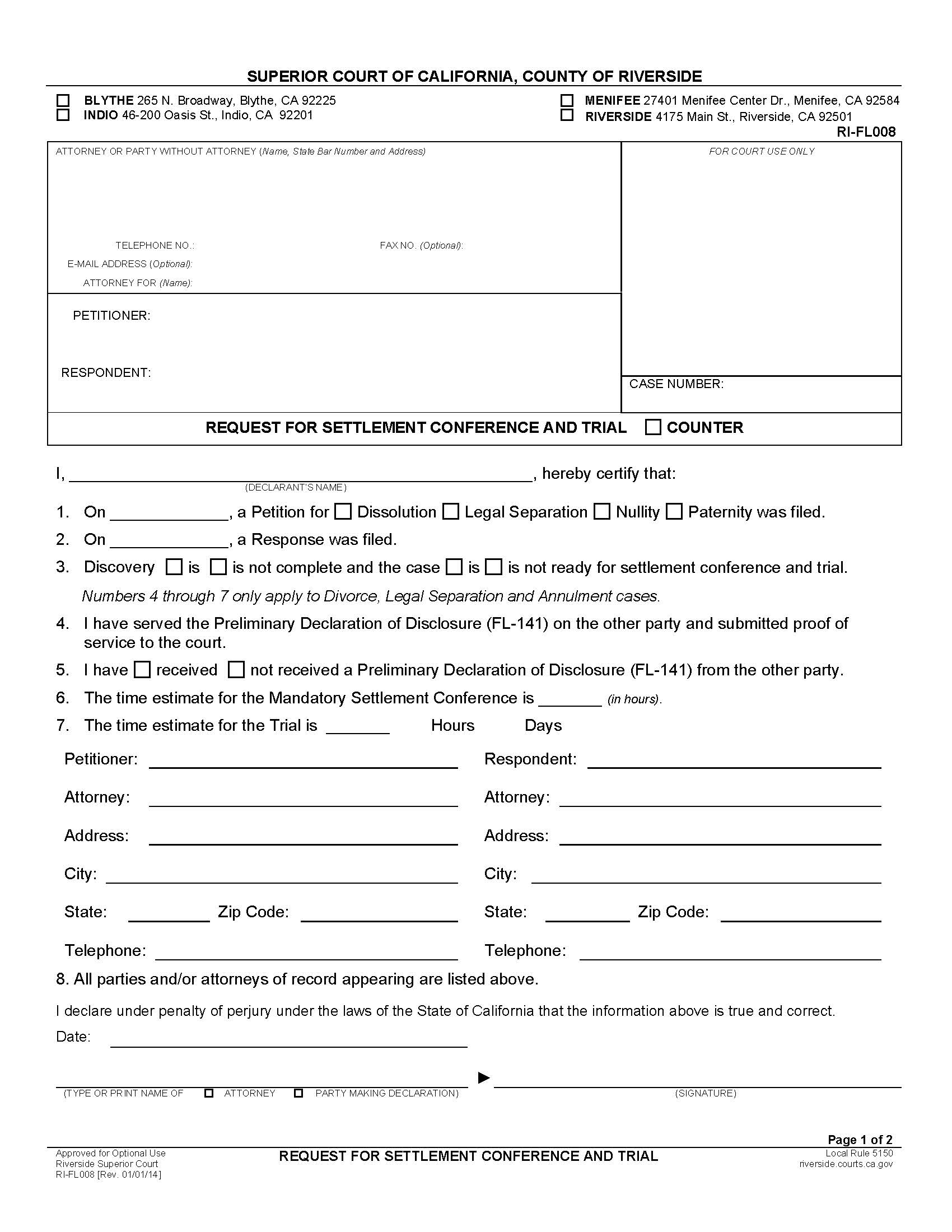 Request For Settlement Conference And Trial {RI-FL008} | Pdf Fpdf Doc Docx | California