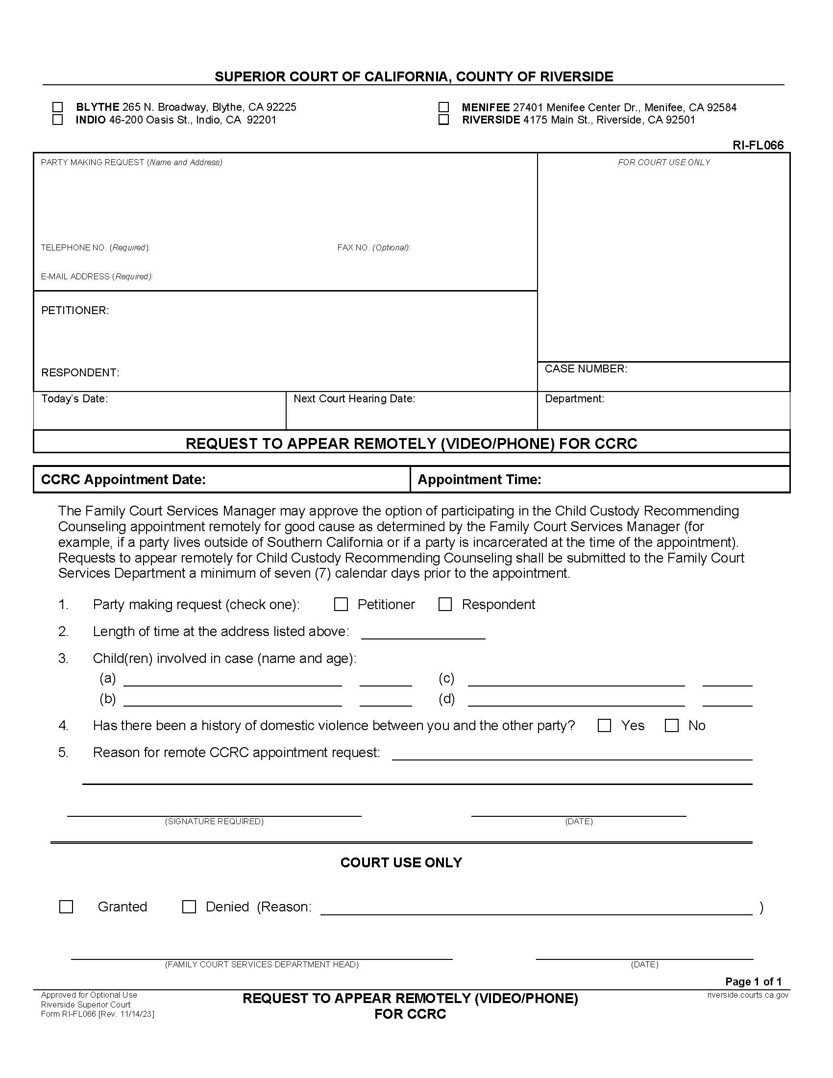 Request To Appear By Telephone For CCRC {RI-FL066} | Pdf Fpdf Docx | California