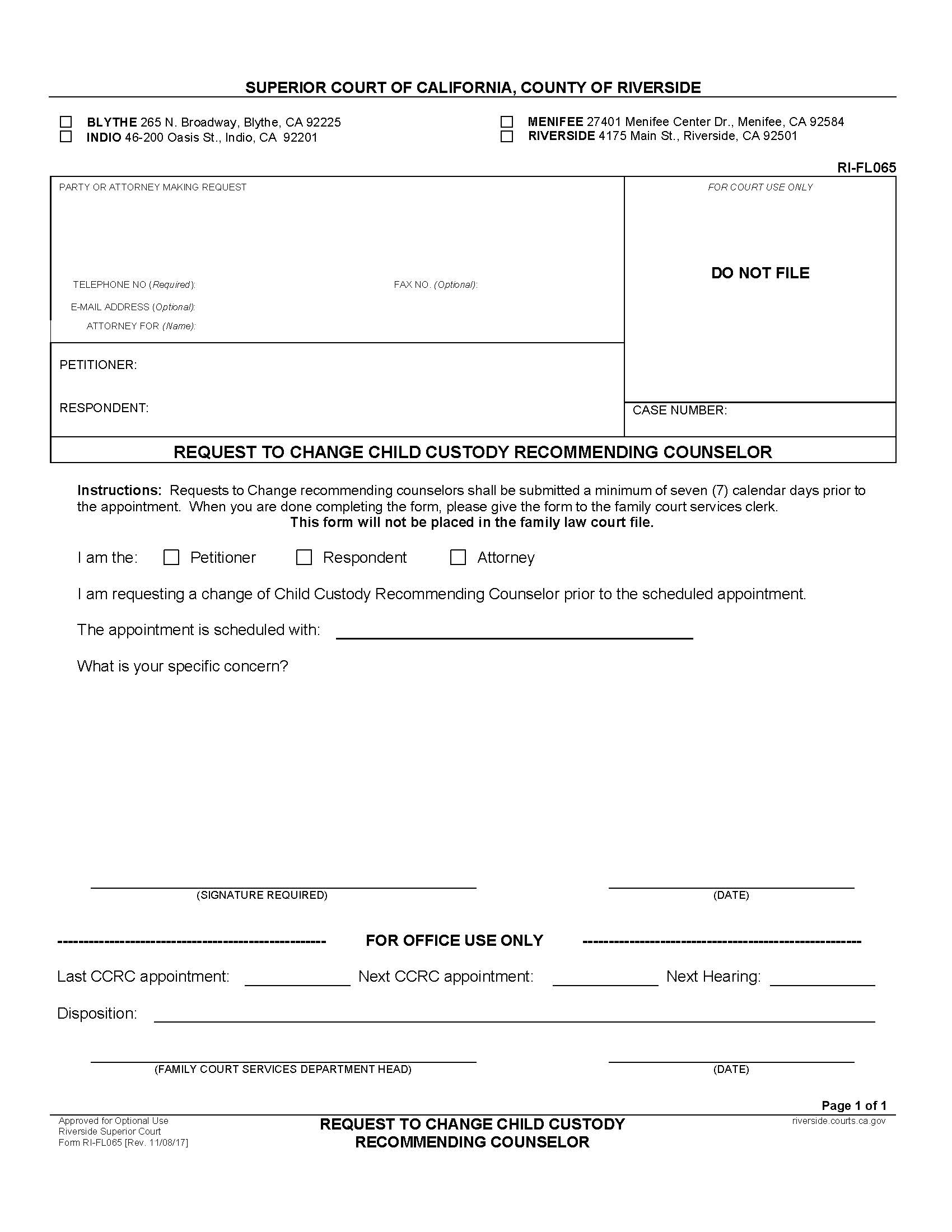 Request To Change Child Custody Recommending Counselor {RI-FL065} | Pdf Fpdf Docx | California