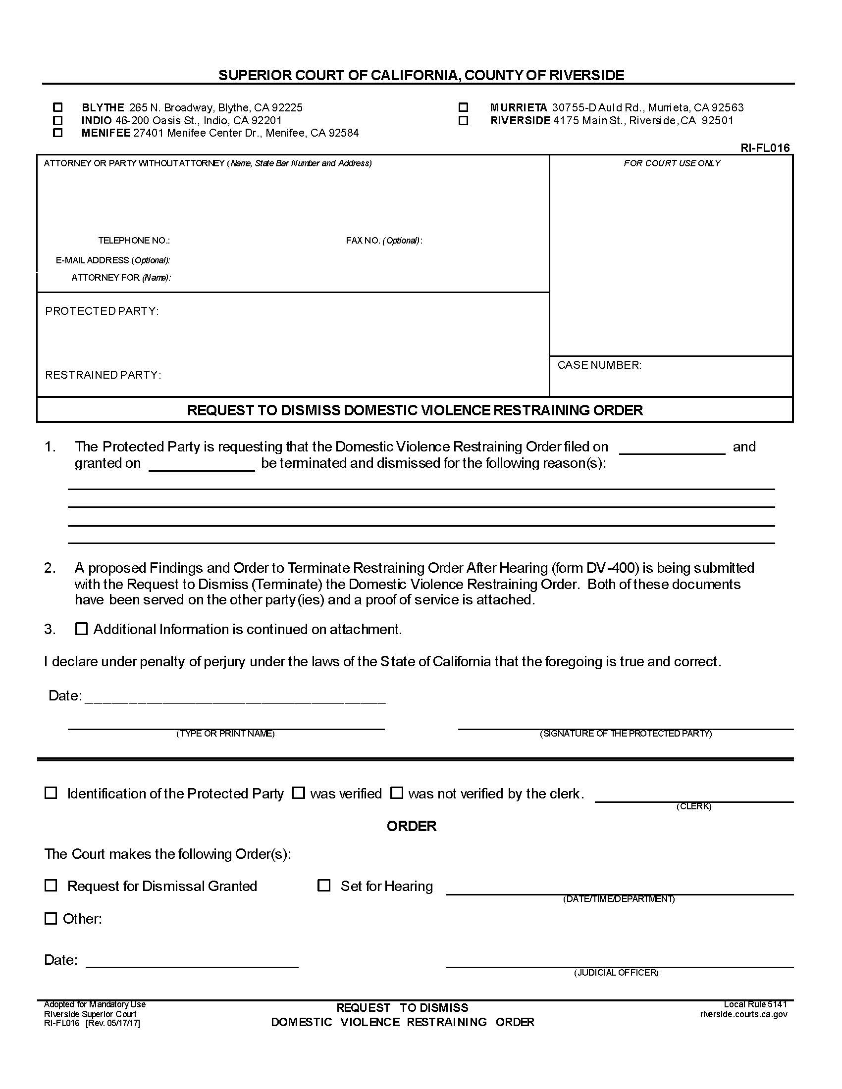 Request To Dismiss Domestic Violence Restraining Order {RI-FL016} | Pdf Fpdf Doc Docx | California