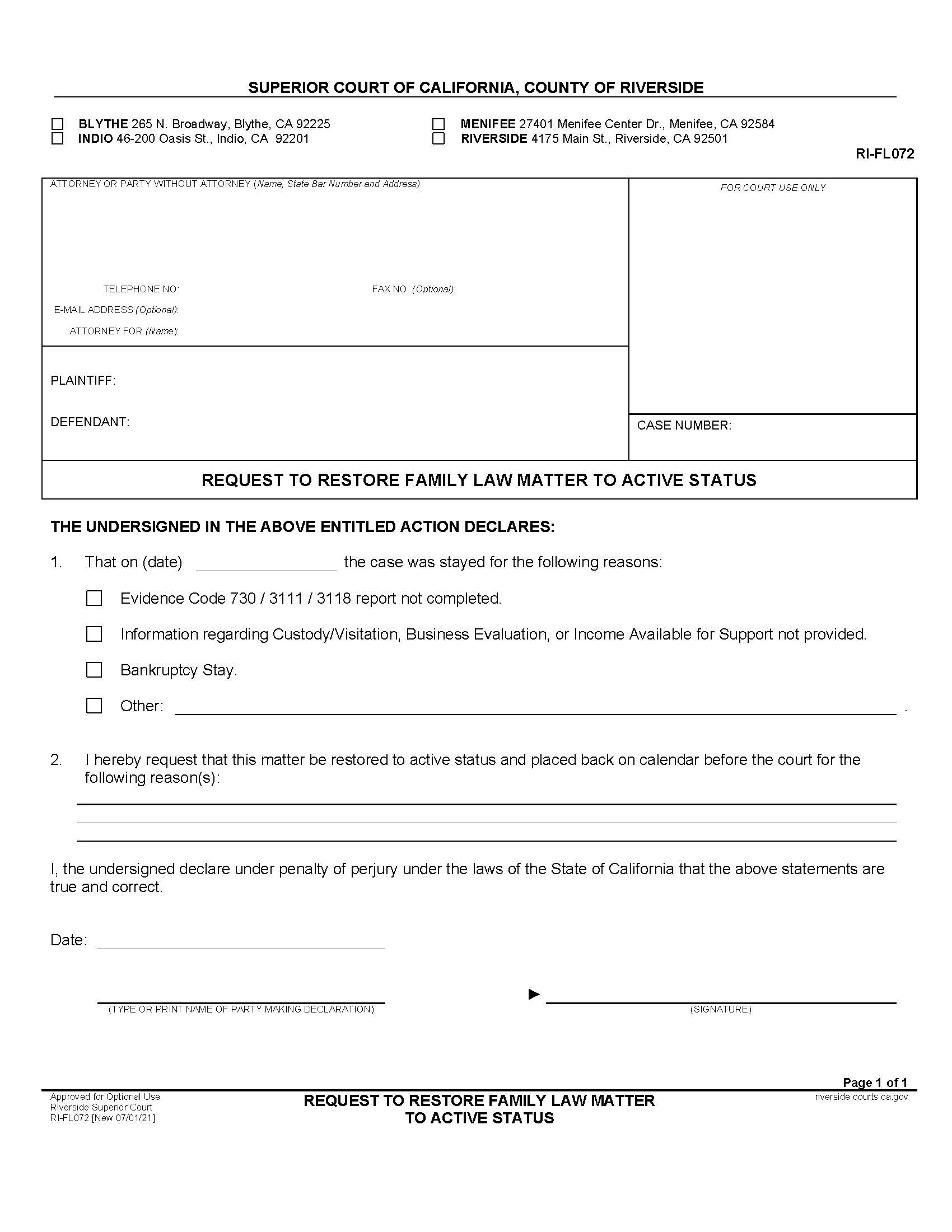 Request To Restore Family Law Matter To Active Status {RI-FL072} | Pdf Fpdf Docx | California