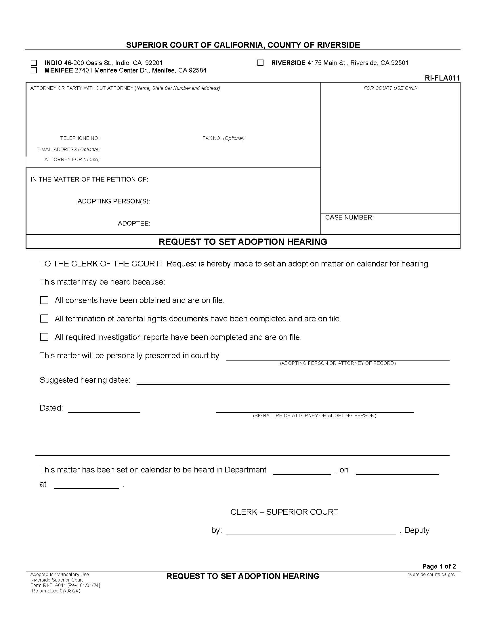 Request To Set Adoption Hearing {RI-FLA011} | Pdf Fpdf Doc Docx | California