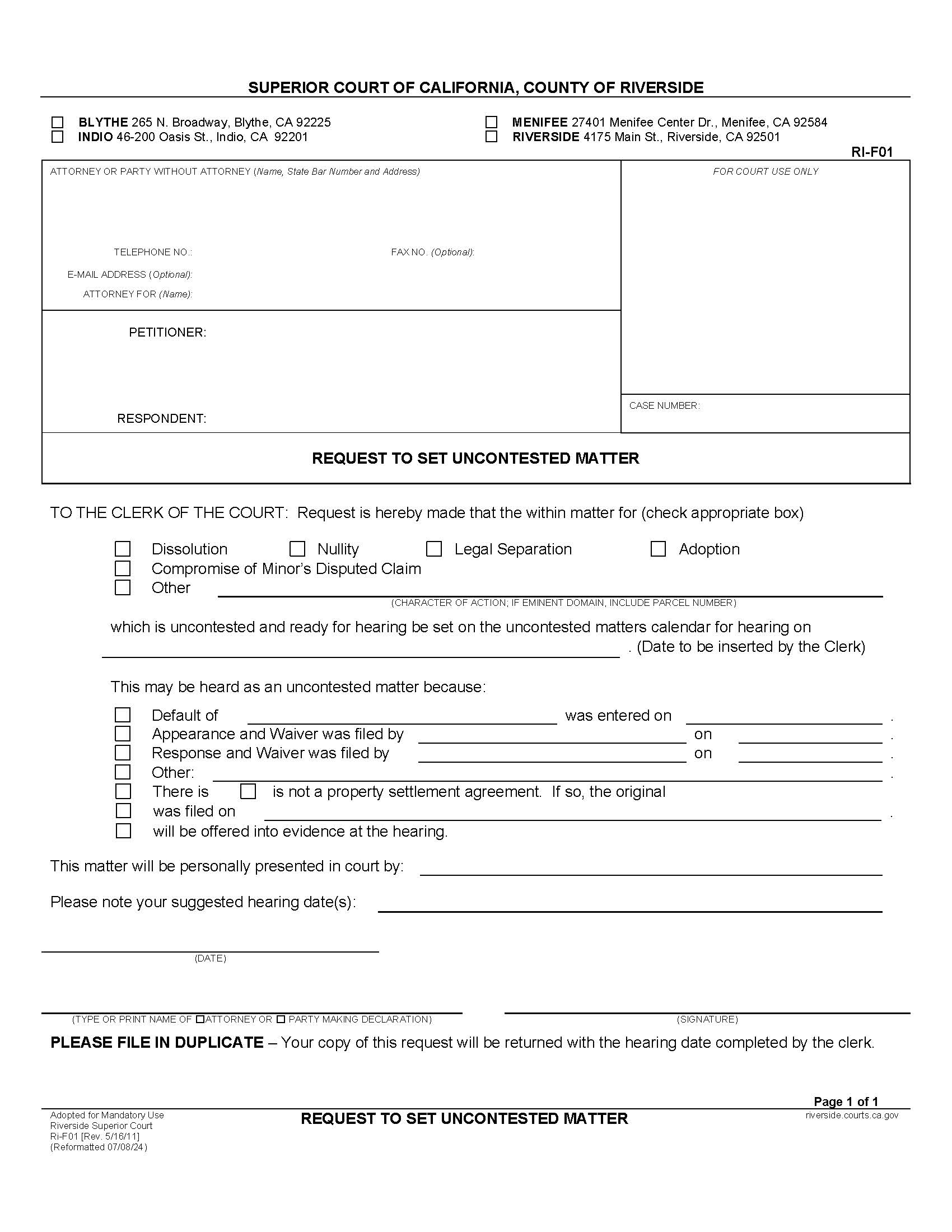 Request To Set Uncontested Matter {RI-F01} | Pdf Fpdf Doc Docx | California