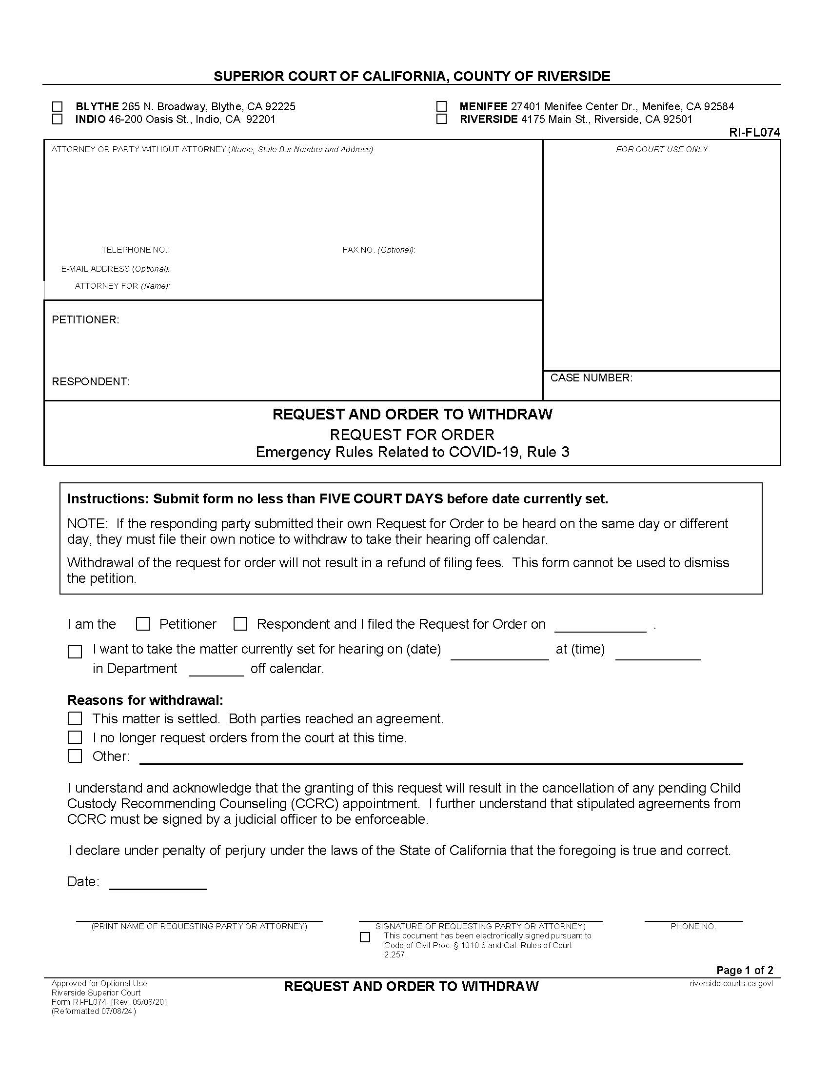 Request To Withdraw Request For Order {RI-FL074} | Pdf Fpdf Docx | California