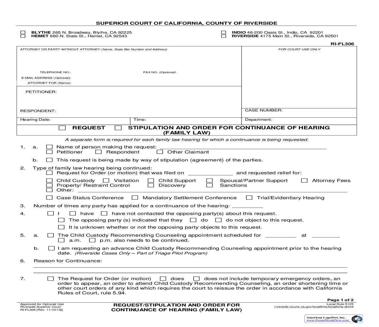 Request-Stipulation And Order For Continuance Of Hearing {RI-FL306} | Pdf Fpdf Docx | California