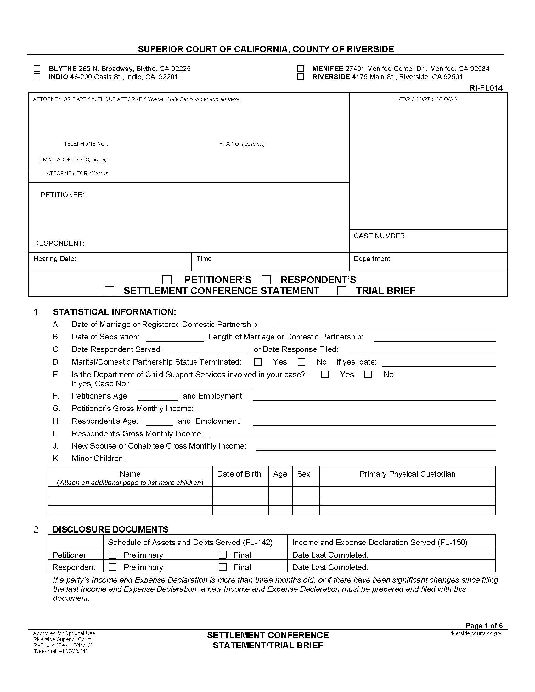 Settlement Conference Statement-Trial Brief {RI-FL014} | Pdf Fpdf Doc Docx | California