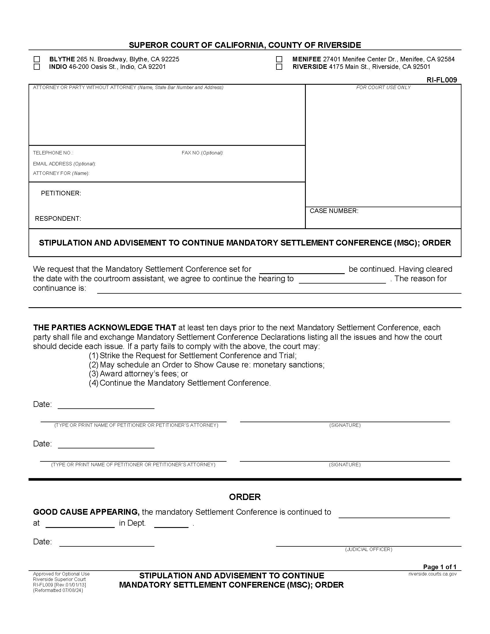 Stipulation And Advisement To Continue Mandatory Settlement Conference (MSC) Order {RI-FL009} | Pdf Fpdf Doc Docx | California