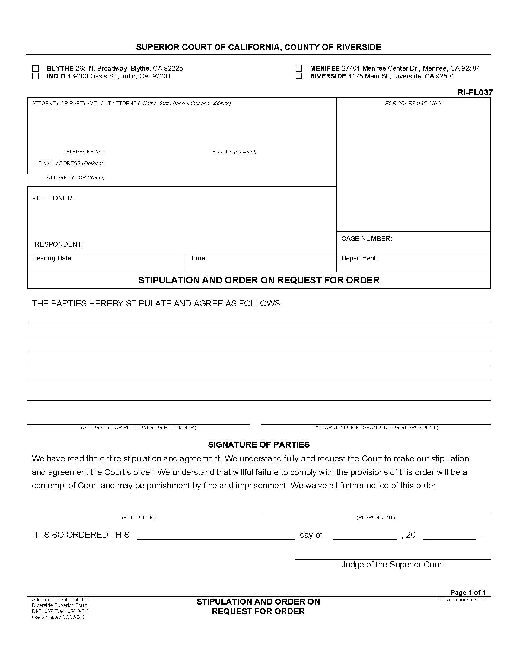 Stipulation And Order On Request For Order {RI-FL037} | Pdf Fpdf Doc Docx | California