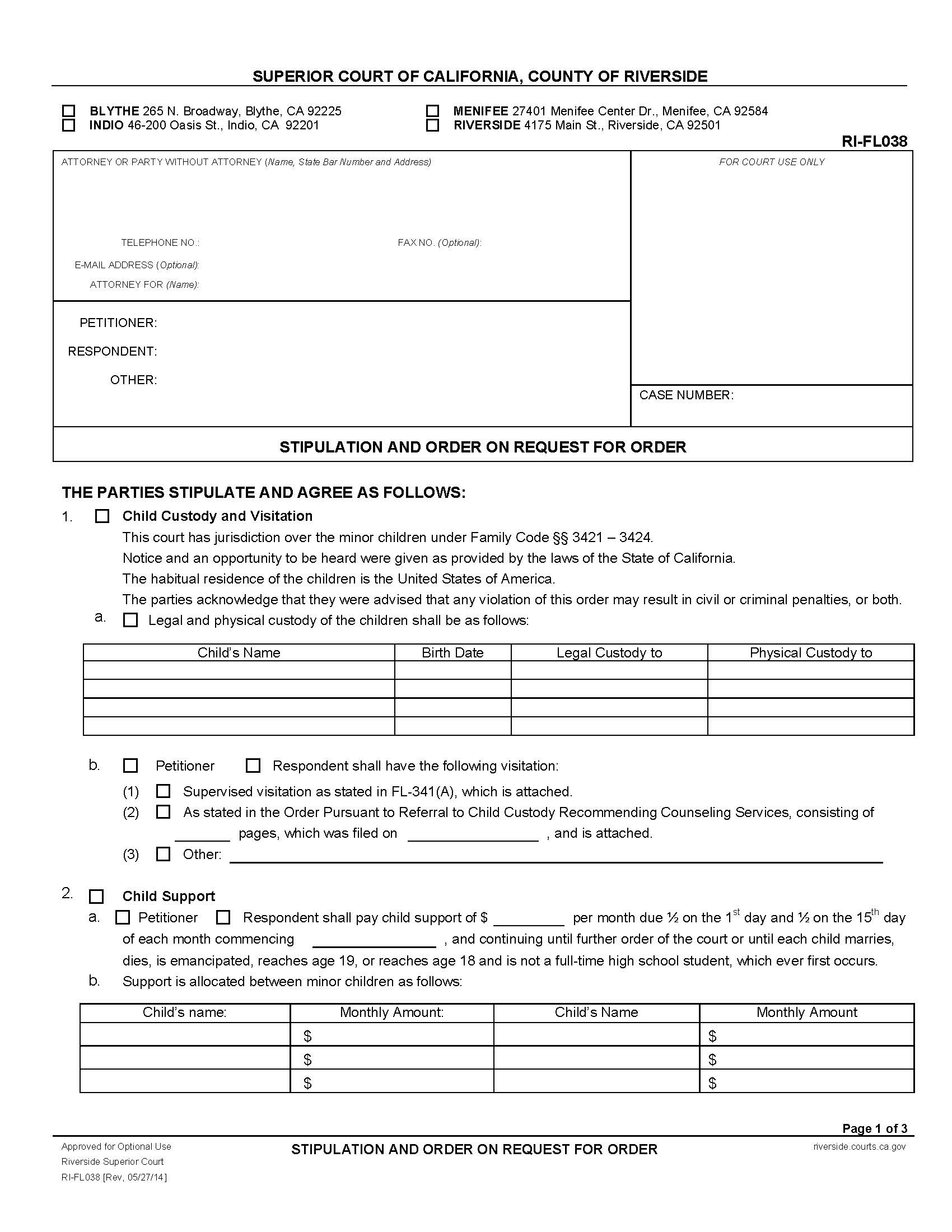 Stipulation And Order On Request For Order {RI-FL038} | Pdf Fpdf Doc Docx | California