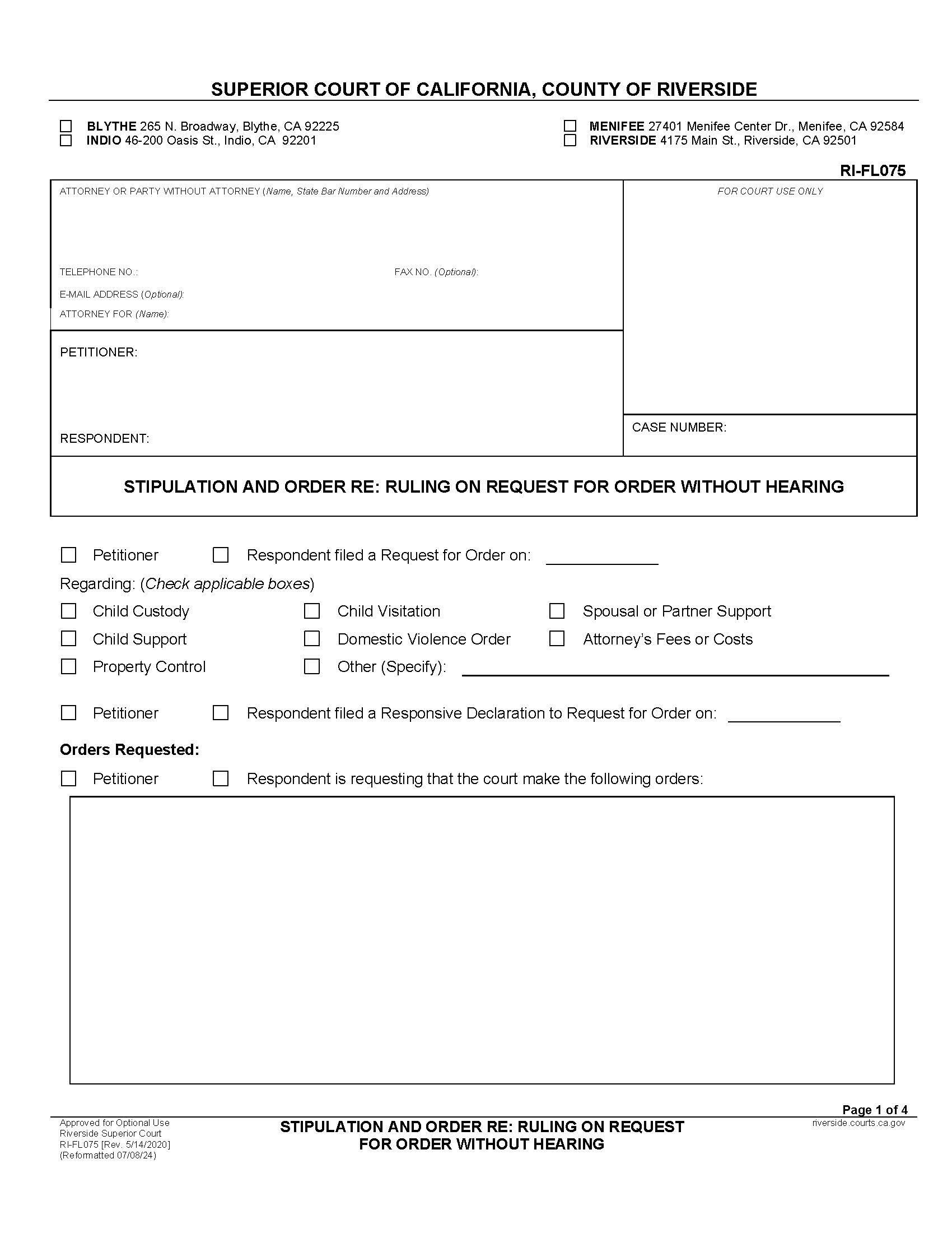 Stipulation And Order Re Request For Ruling Without Hearing {RI-FL075} | Pdf Fpdf Docx | California