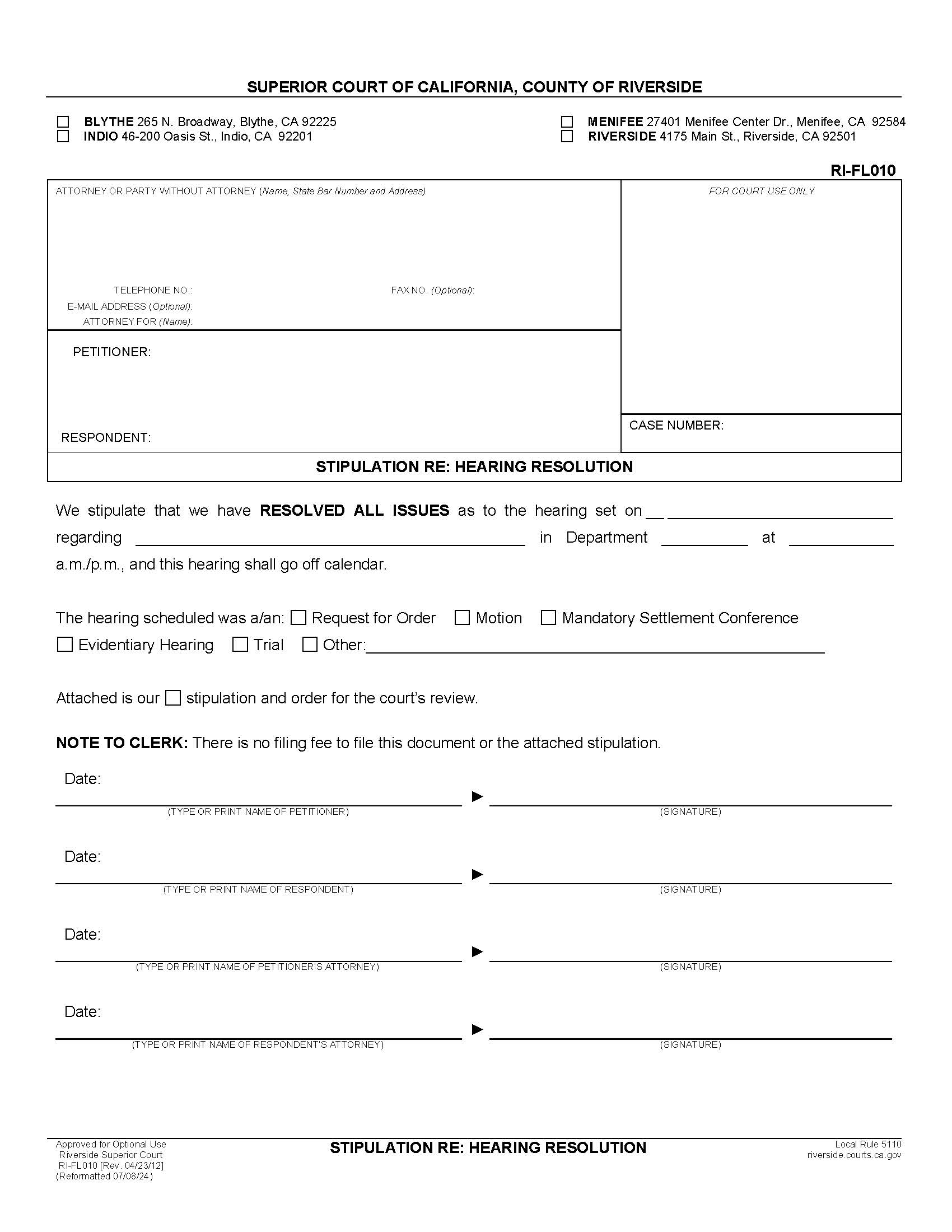 Stipulation Re Hearing Resolution {RI-FL010} | Pdf Fpdf Doc Docx | California