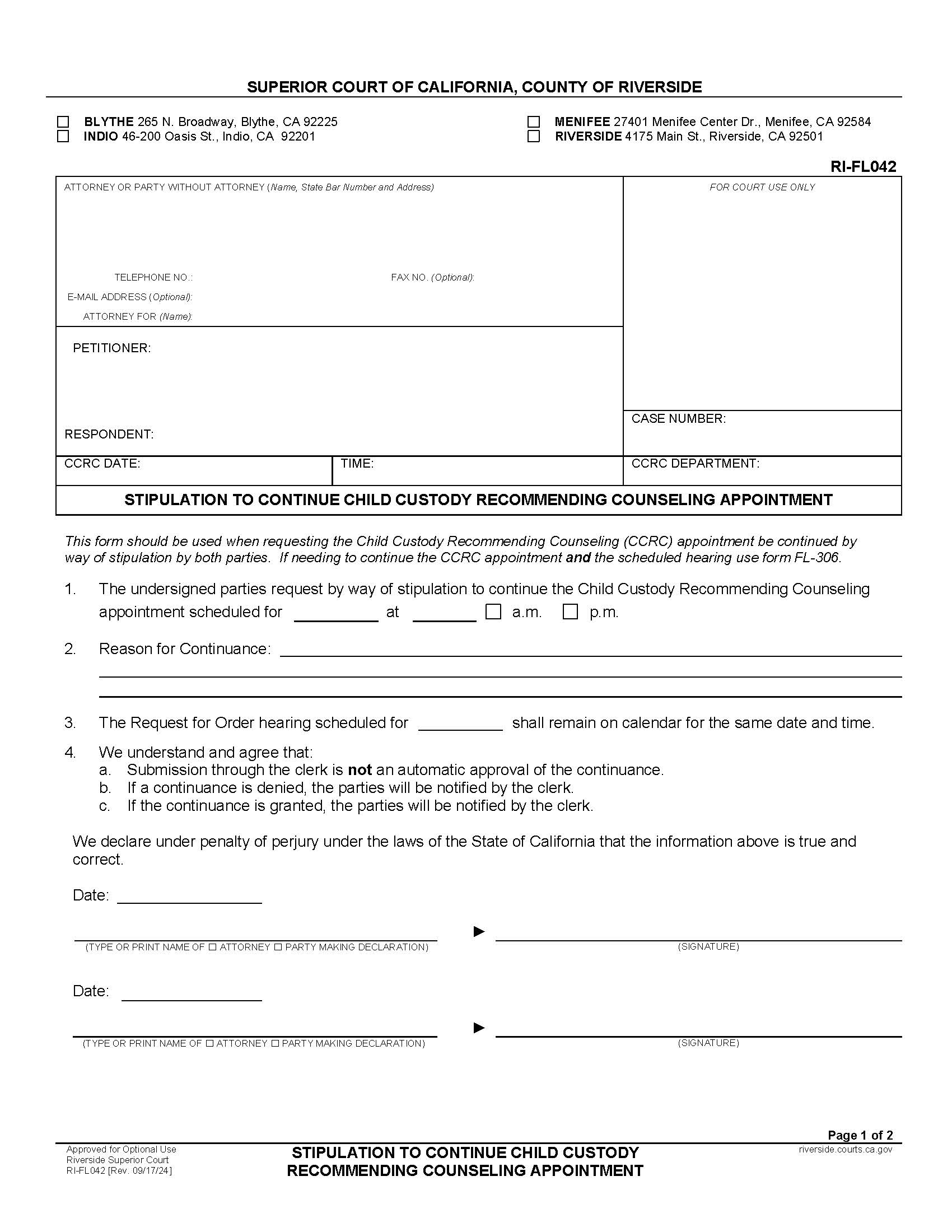 Stipulation To Continue Child Custody Recommending Counseling Appointment {RI-FL042} | Pdf Fpdf Doc Docx | California