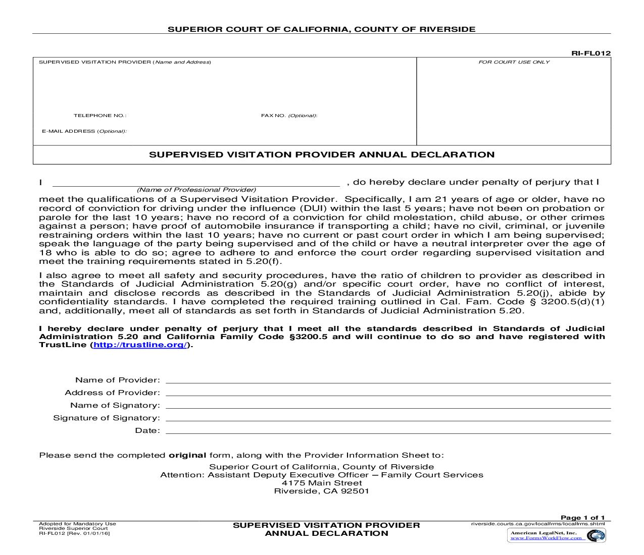 Supervised Visitation Provider Annual Declaration {RI-FL012} | Pdf Fpdf Doc Docx | California