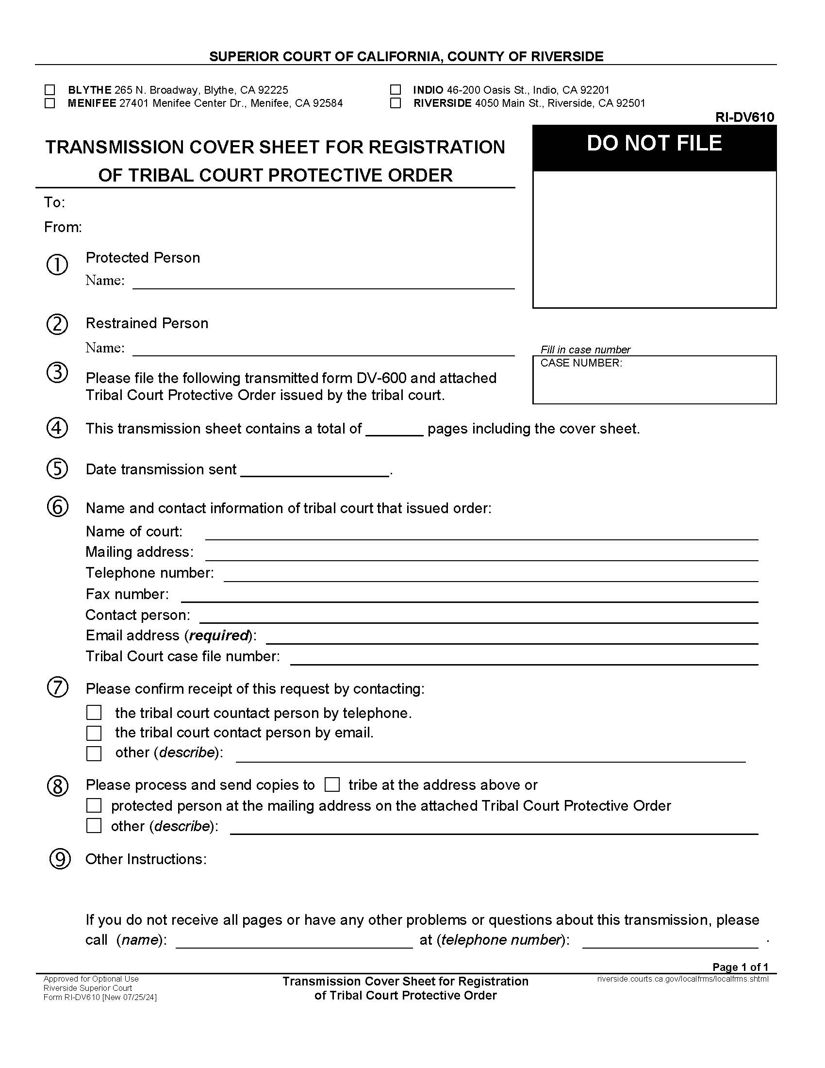 Transmission Cover Sheet For Registration Of Tribal Court Protective Order {RI-DV610} | Pdf Fpdf Docx | California