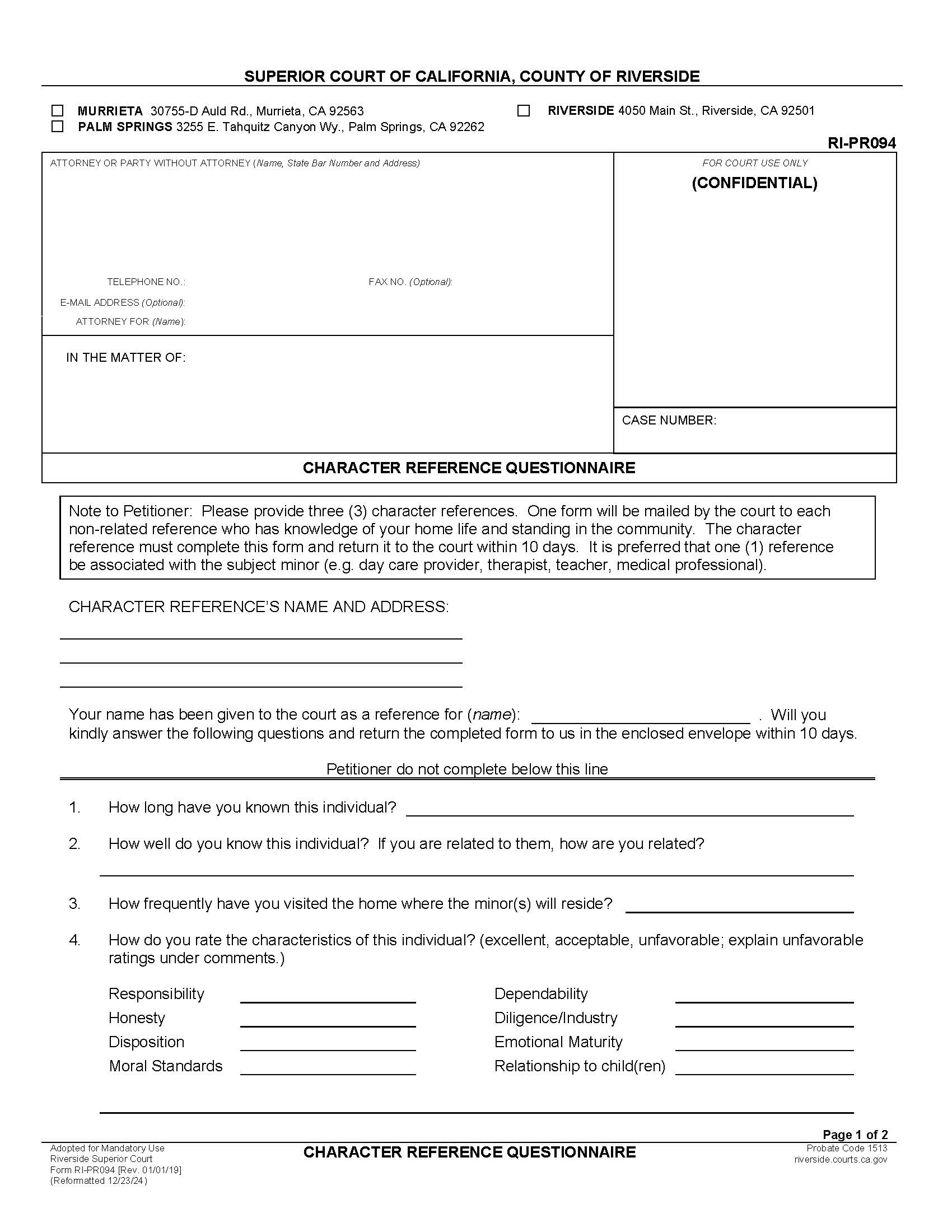 Character Reference Questionnaire {RI-PR094} | Pdf Fpdf Docx | California