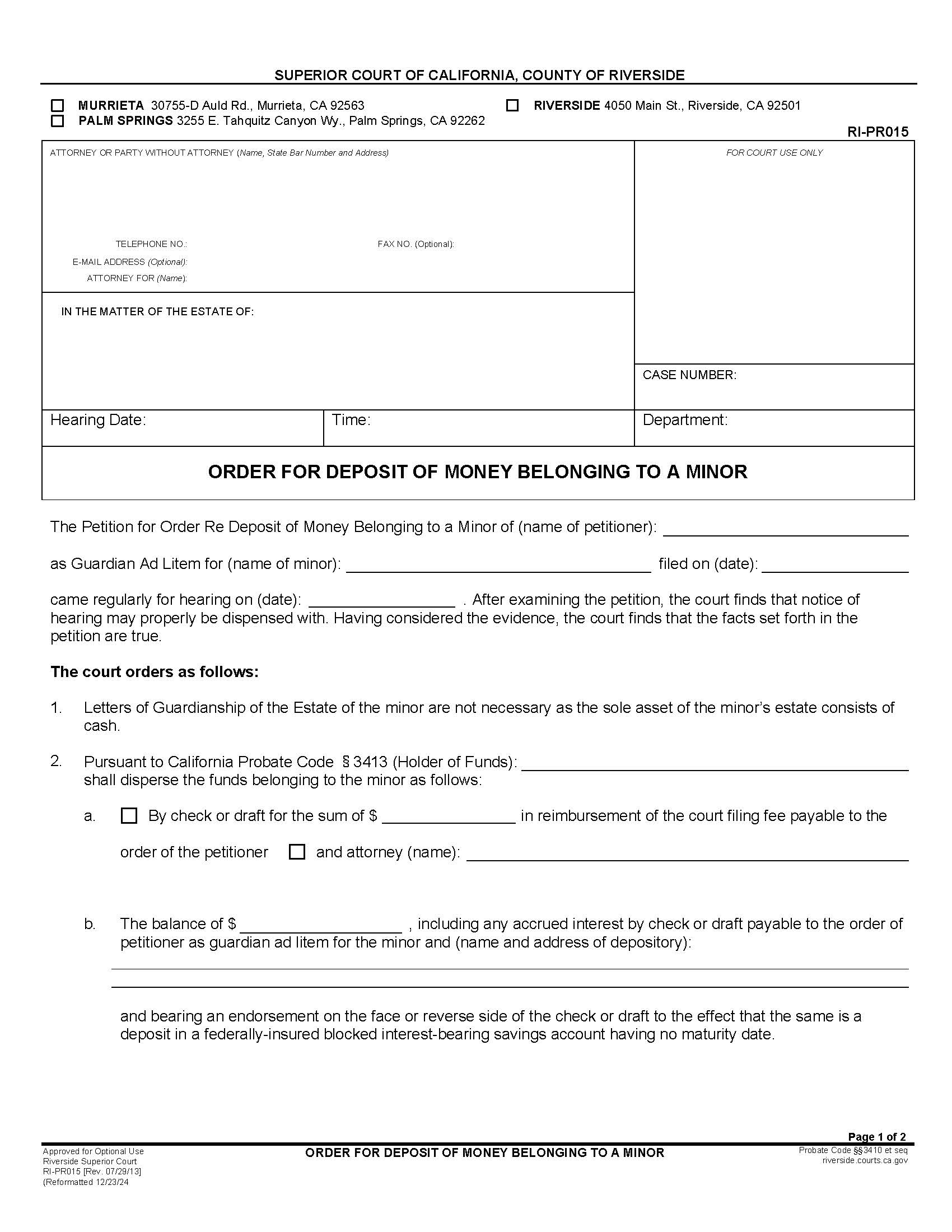 Order For Deposit Of Money Belonging To A Minor {RI-PR015} | Pdf Fpdf Docx | California